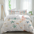 Oceans Animal Duvet Cover Set Queen Size 4 Pieces Summer Colorful Starfish Coral Seagrass Linen Texture Bedding Set with Zipper Closure, 1 Comforter Cover 92x106 Inches 1 Flat Sheet & 2 Pillow Cases