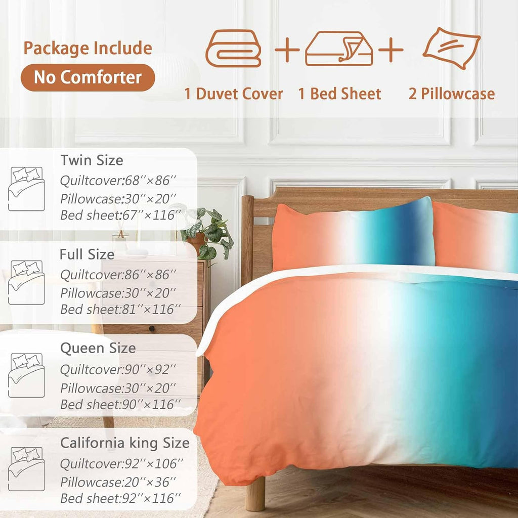 Gradient Orange Teal Duvet Cover Set Queen Size 4 Pieces Modern Abstract Minimalist Blue Ocean Beach Bedding Set with Zipper Closure, 1 Comforter Cover 90x92 Inches 1 Flat Sheet & 2 Pillow Cases