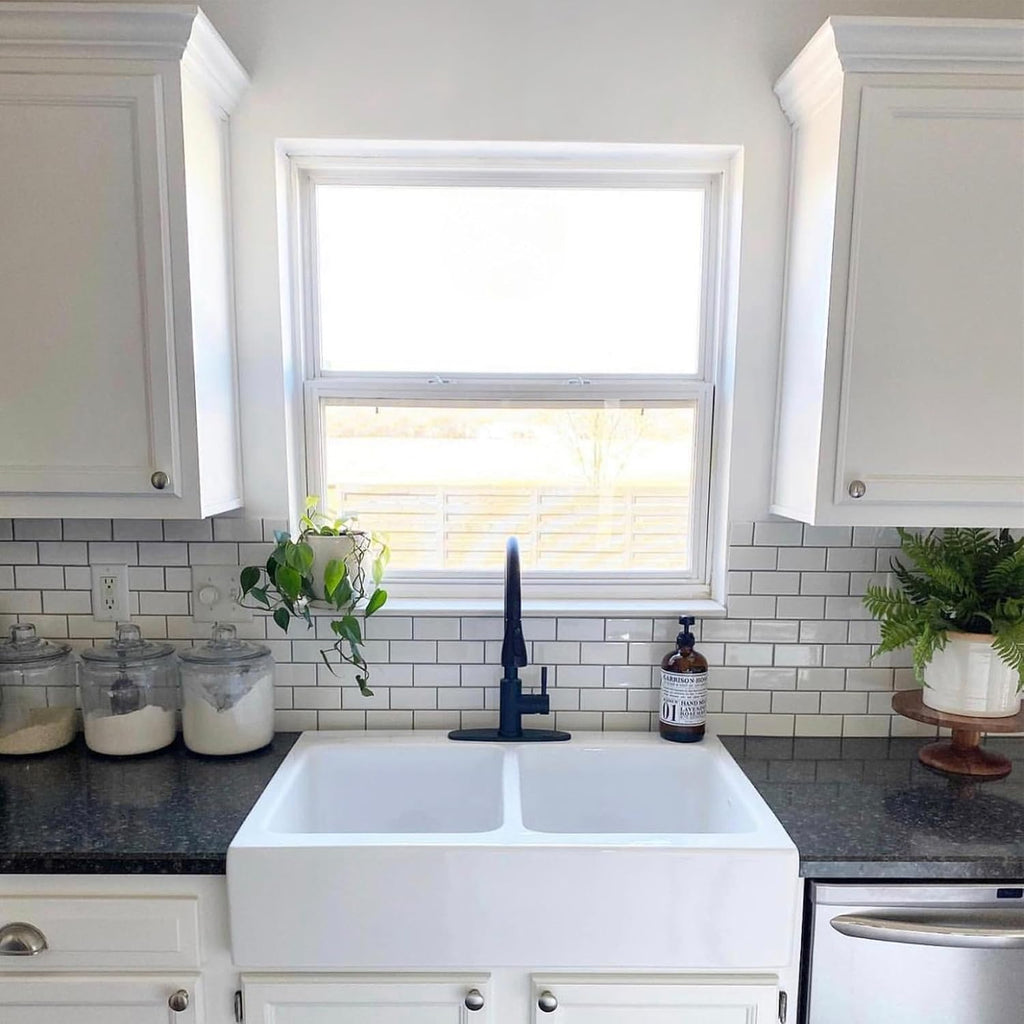 Sinkology Parker 34 Inch Fireclay Farmhouse Kitchen Sink - White Apron Front Double Bowl - Quick-Fit Drop-In Install for 36 Inch Cabinet - SureFire Material - Sinkology Everyday Warranty