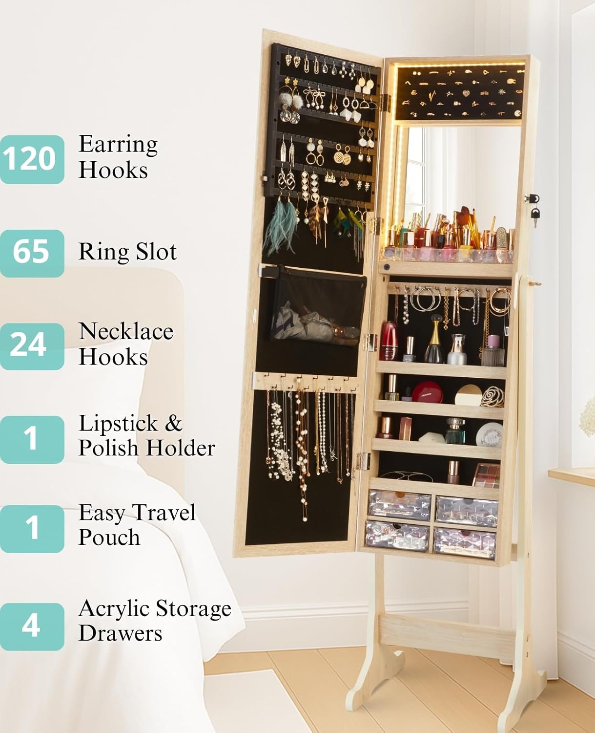 LUXFURNI 62.6' H Mirror Jewelry Cabinet Standing, LED Light Jewelry Armoire with Mirror, Large Jewelry Storage Mirror, Lockable Jewelry Organizer Mirror, Natural