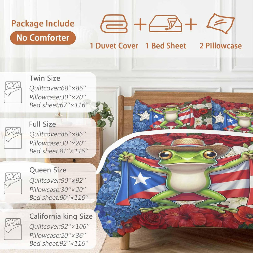 Puerto Rican Duvet Cover Set Queen Size 4 Pieces Flag Themed Watercolor Flowers Cartoon Funny Frog Bedding Set with Zipper Closure, 1 Comforter Cover 92x106 Inches 1 Flat Sheet & 2 Pillow Cases