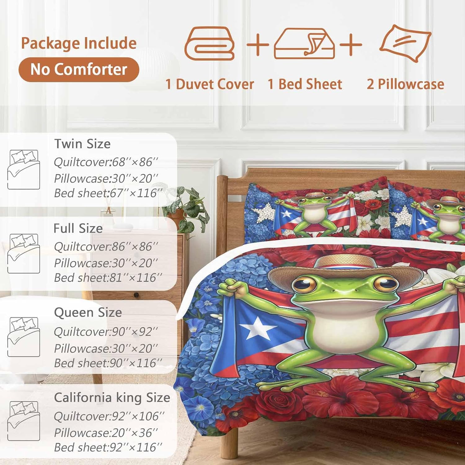 Puerto Rican Duvet Cover Set Queen Size 4 Pieces Flag Themed Watercolor Flowers Cartoon Funny Frog Bedding Set with Zipper Closure, 1 Comforter Cover 92x106 Inches 1 Flat Sheet & 2 Pillow Cases