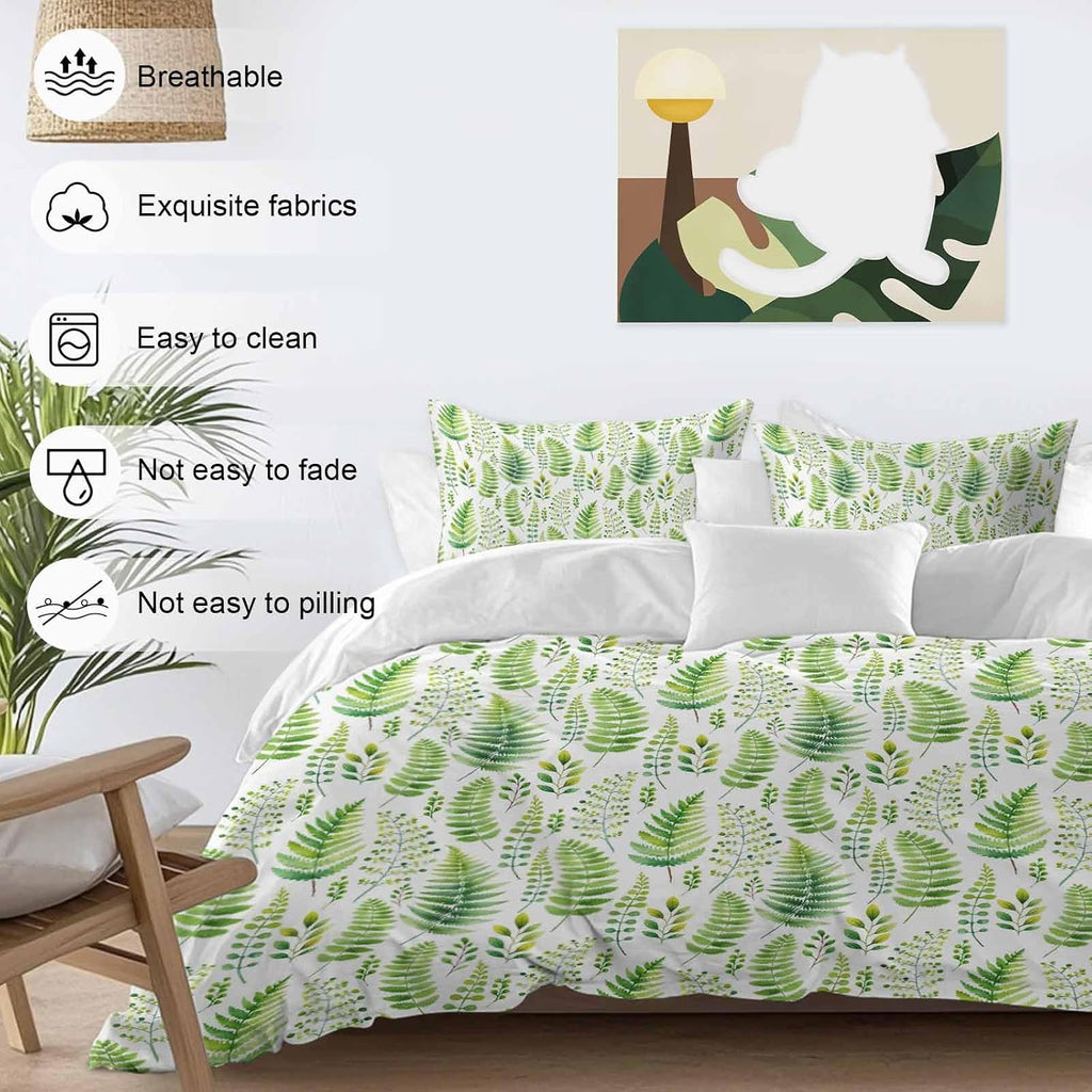 Prime Leader Spring Ferns Leaves Duvet Cover Set Queen Size 4 Pieces Watercolor Green Plant Fields Bedding Set with Zipper Closure, 1 Comforter Cover 92x106 Inches 1 Flat Sheet & 2 Pillow Cases