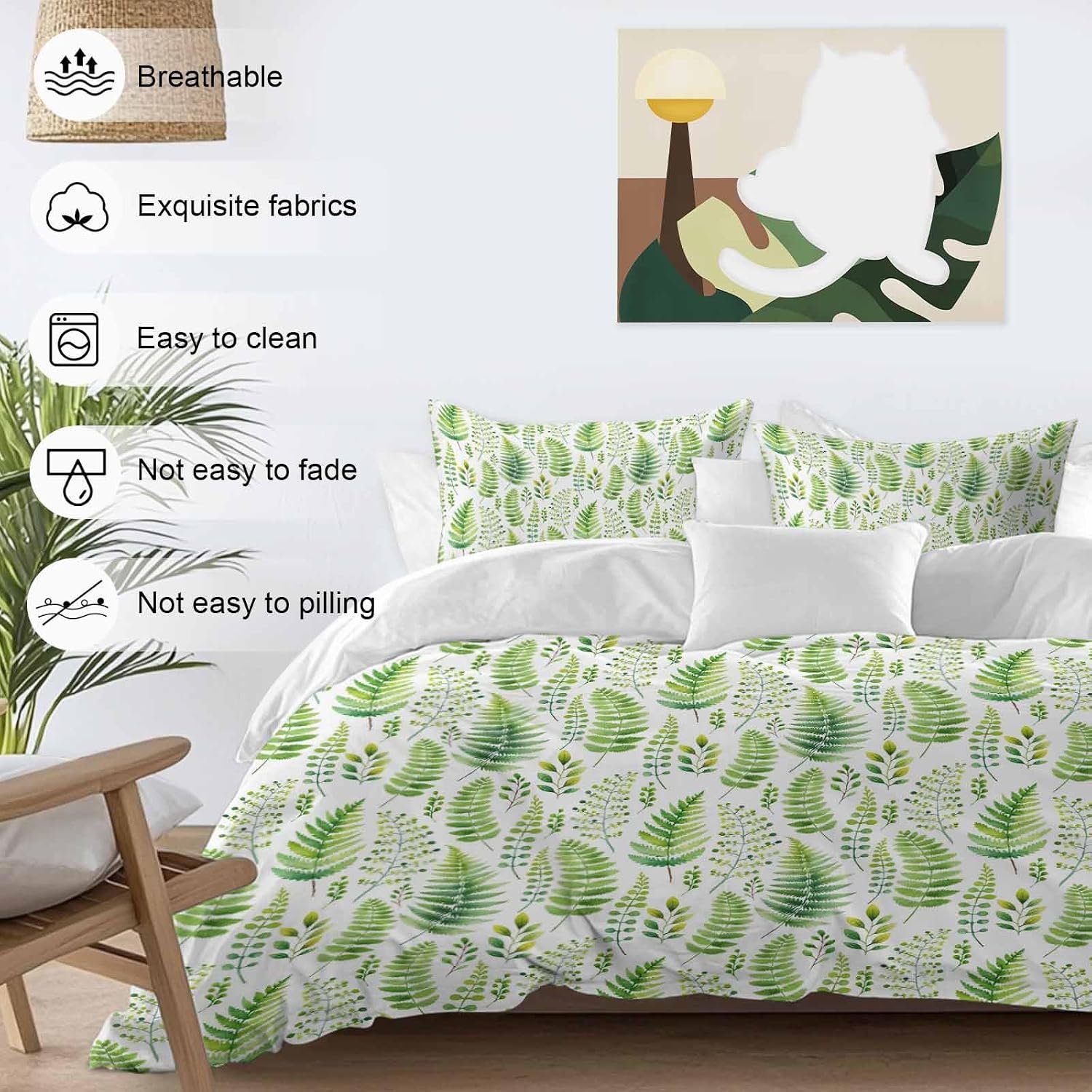 Prime Leader Spring Ferns Leaves Duvet Cover Set Queen Size 4 Pieces Watercolor Green Plant Fields Bedding Set with Zipper Closure, 1 Comforter Cover 92x106 Inches 1 Flat Sheet & 2 Pillow Cases