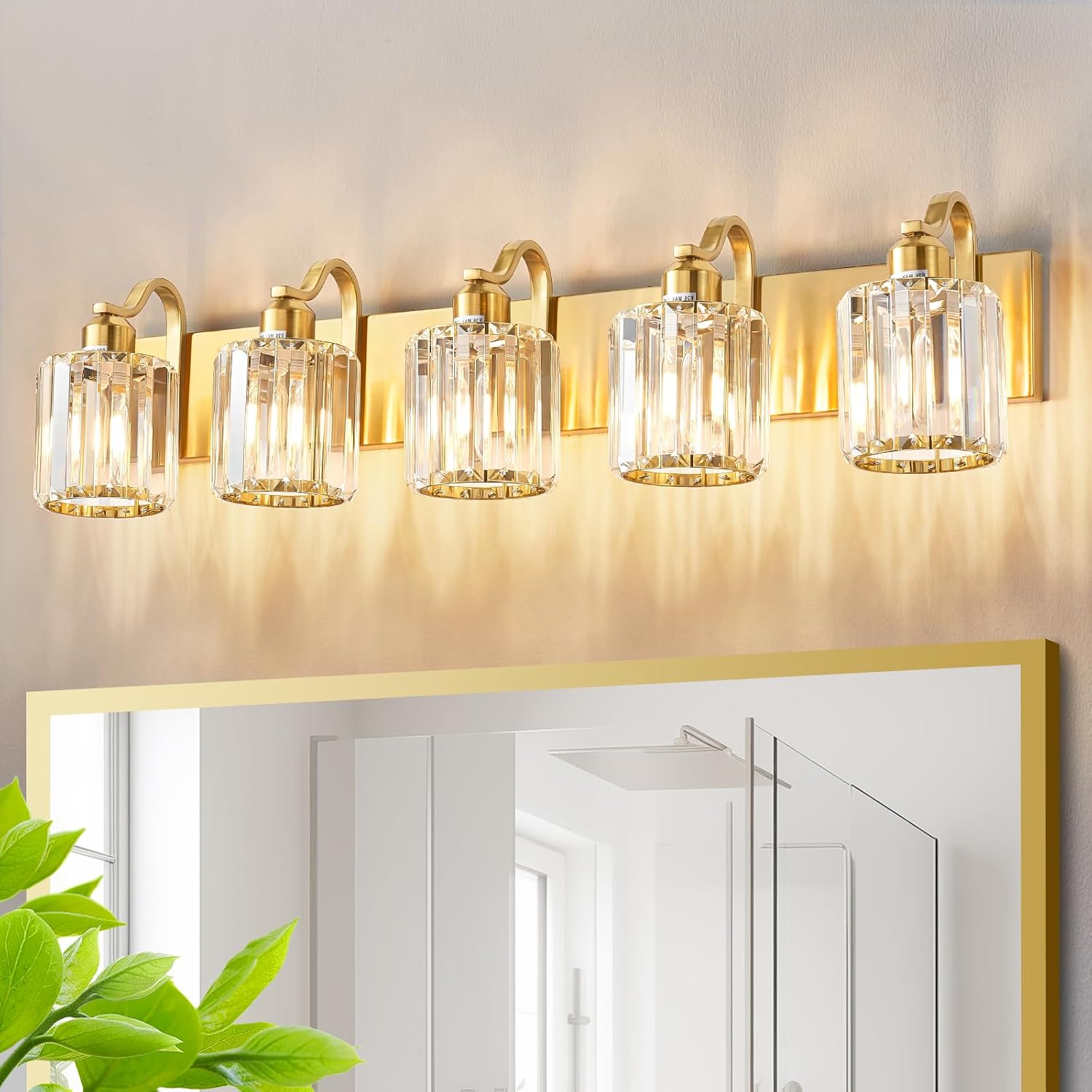 Modern Crystal Bathroom Vanity Light 5 Lights Crooked Gold Over Mirror Wall Lighting Fixture with Round Shade (Exclude Bulb)