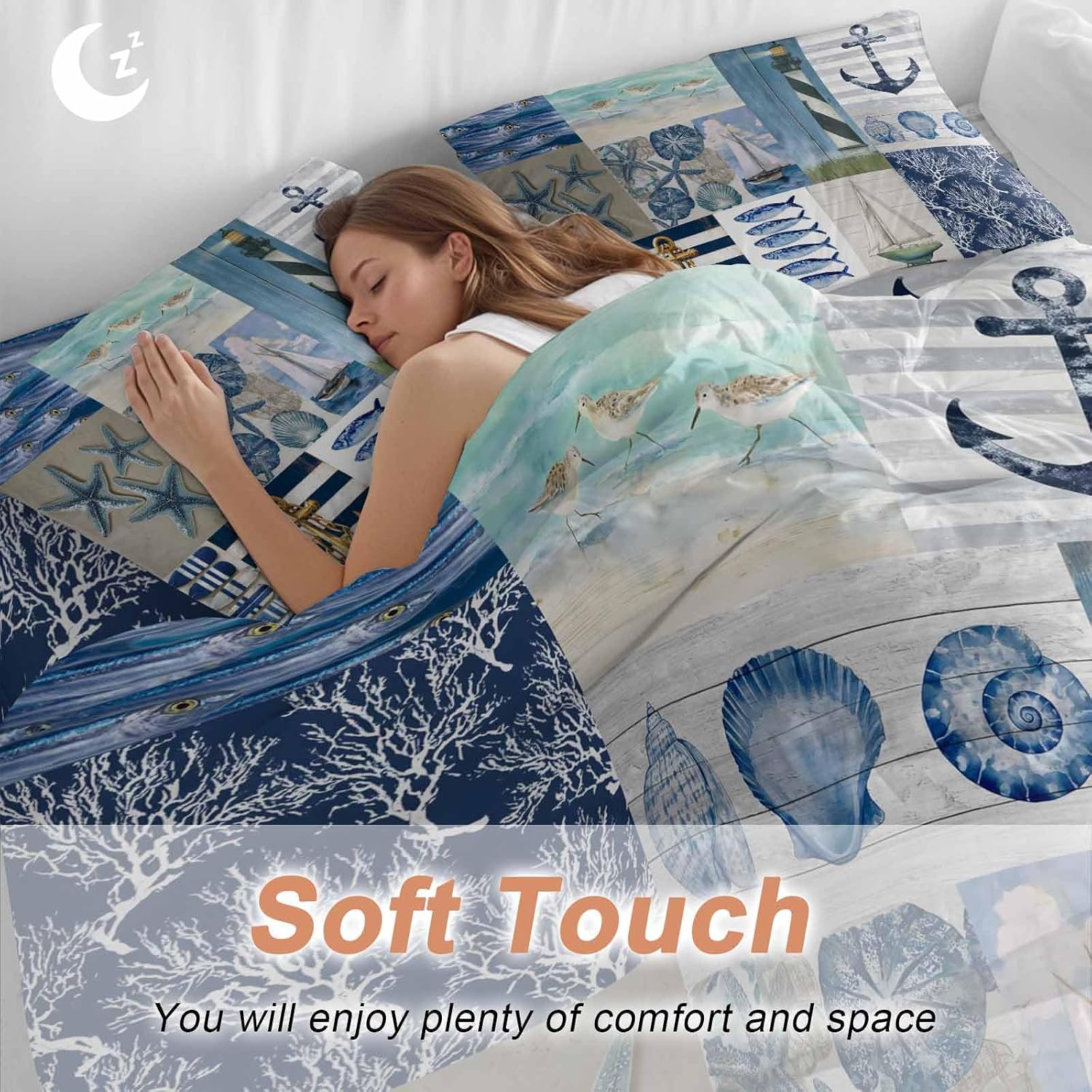 Summer Nautical Duvet Cover Set Queen Size 4 Pieces Blue Starfish Shells Anchor Boat Patchwork Bedding Set with Zipper Closure, 1 Comforter Cover 92x106 Inches 1 Flat Sheet & 2 Pillow Cases