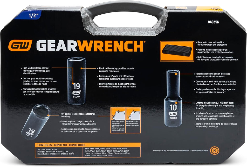 GEARWRENCH 29 Pc. 1/2' Drive 6 Pt. Impact Socket Set, Deep, Metric - 84935N