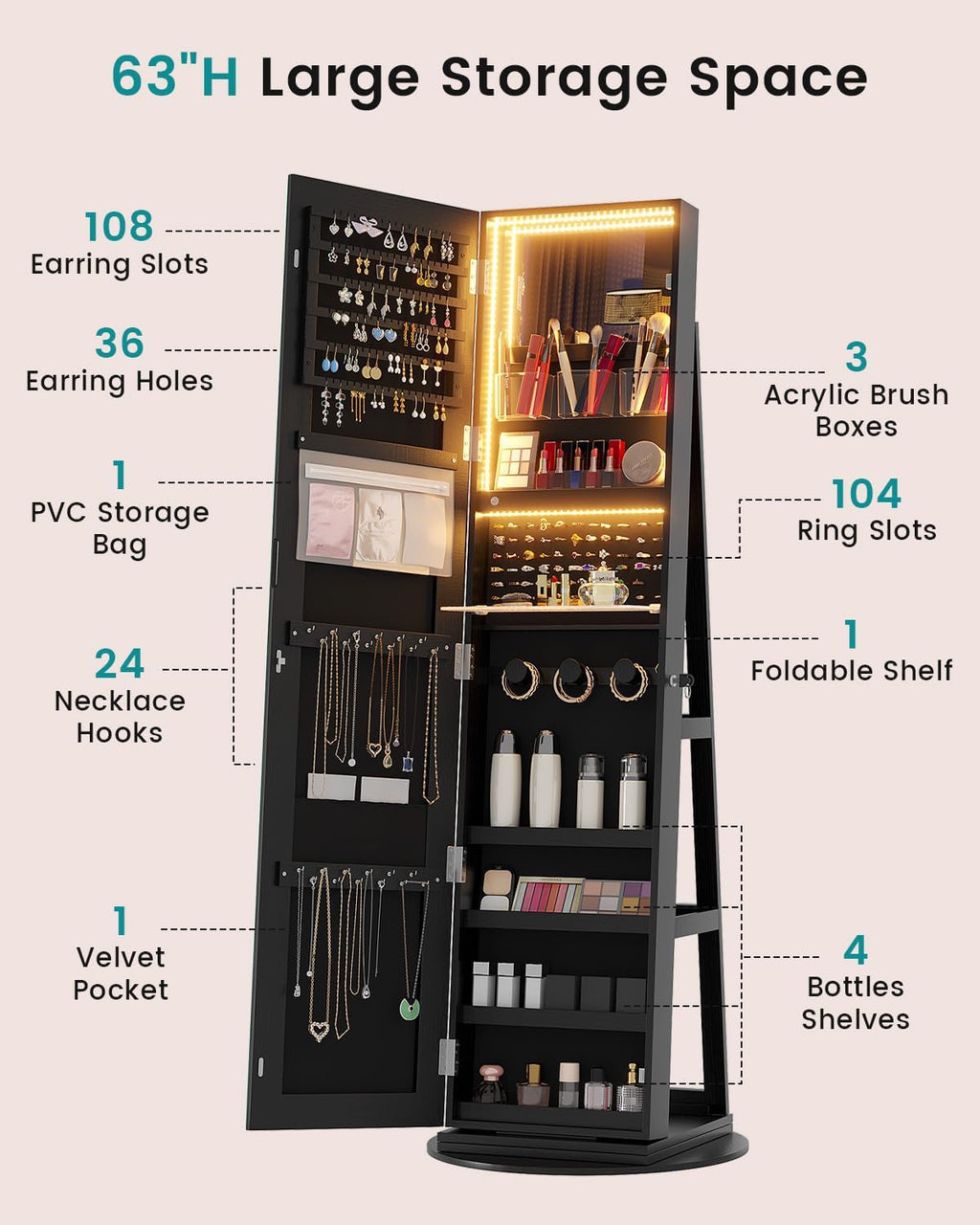 Vlskra Jewelry Cabinet with LED lights, Lockable Mirror Jewelry Cabinet Standing, Rotatable Full Length Mirror with Storage, Space-Saving Jewelry Armoire Organizer, Foldable Makeup Shelf, Black