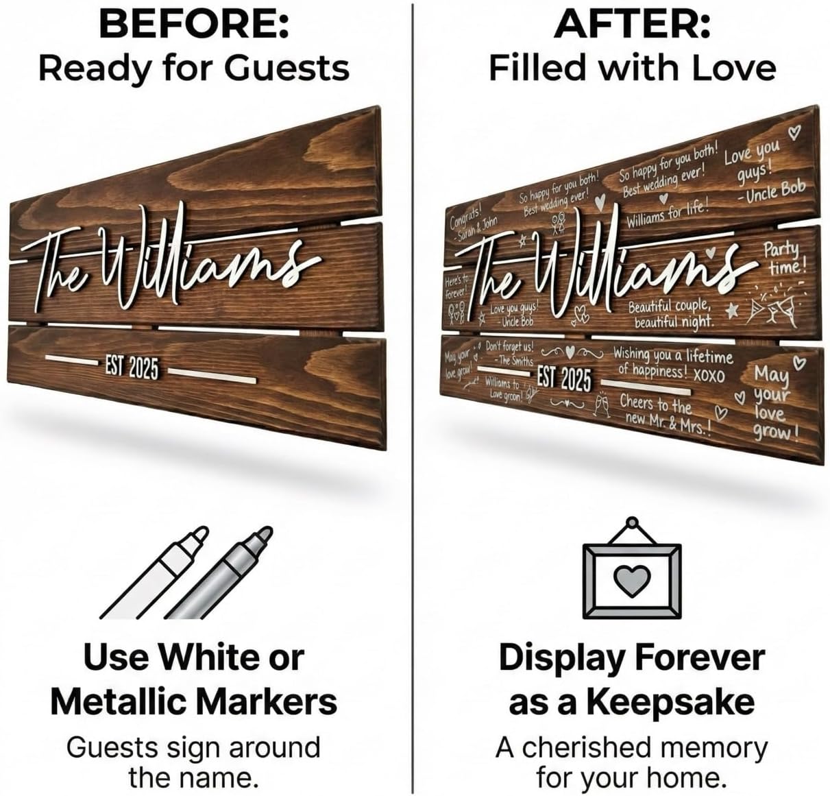 Personalized 4-Plank Wooden Wedding Guest Book Alternative Sign, Rustic Reception Decor with 3D Custom Last Name & Date, Unique Writeable Keepsake Signature Board for Couple, 28'x13' (Large)