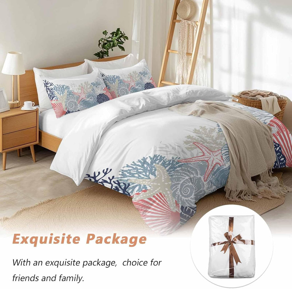 Summer Marine Life Duvet Cover Set Queen Size 4 Pieces Ocean Coral Coastal Starfish Blue Conch Bedding Set with Zipper Closure, 1 Comforter Cover 92x106 Inches 1 Flat Sheet & 2 Pillow Cases