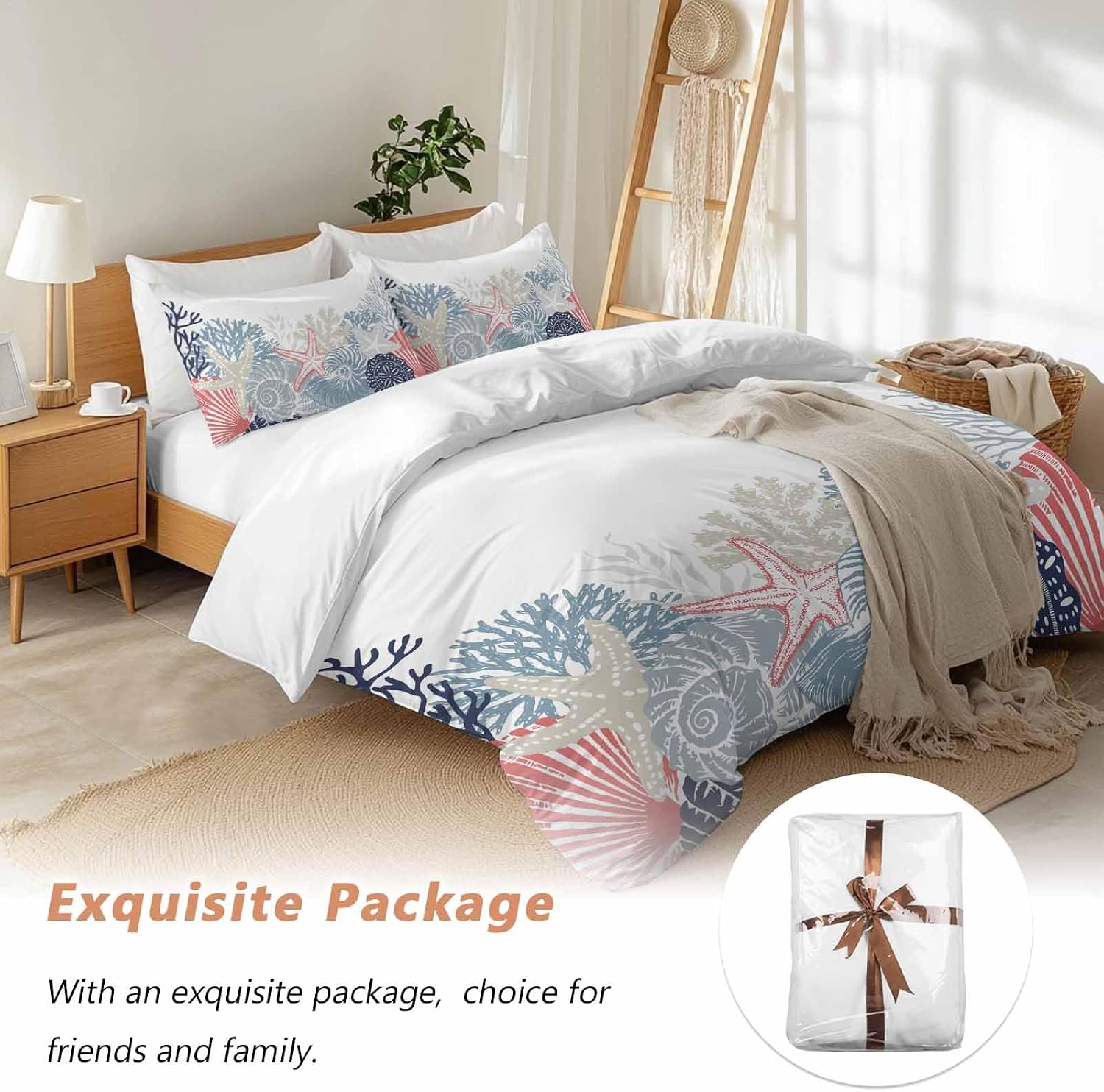 Summer Marine Life Duvet Cover Set Queen Size 4 Pieces Ocean Coral Coastal Starfish Blue Conch Bedding Set with Zipper Closure, 1 Comforter Cover 92x106 Inches 1 Flat Sheet & 2 Pillow Cases