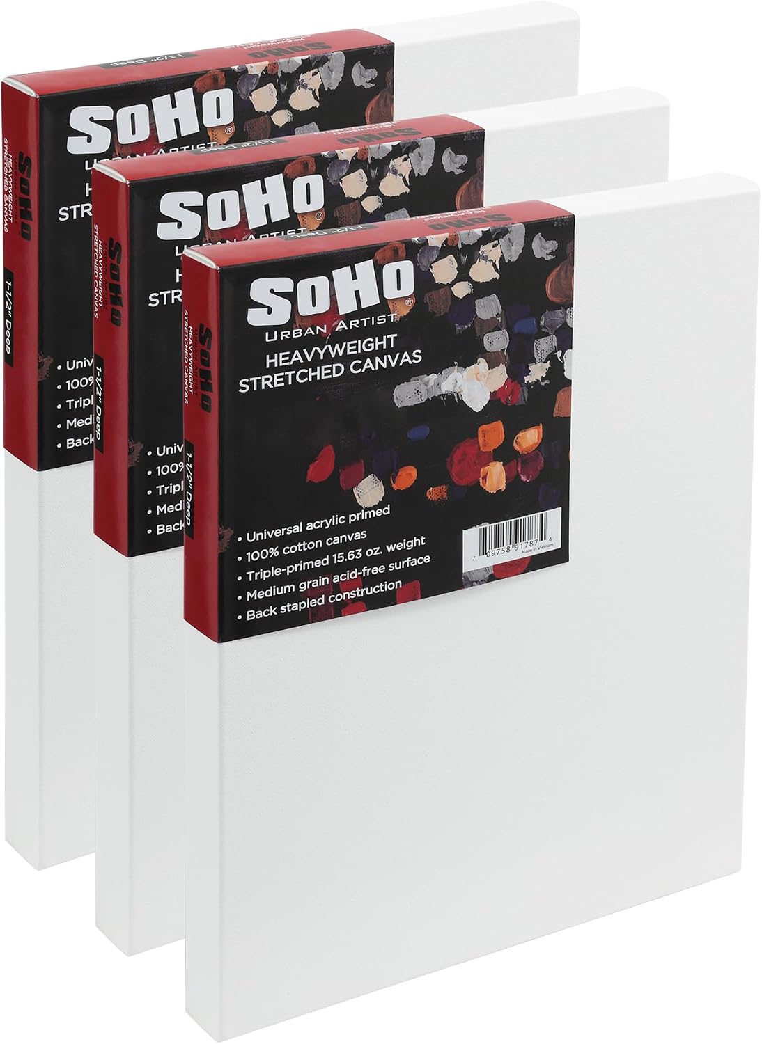 SoHo Urban Artist, 36x72 Heavyweight Stretched Cotton Canvas for Painting - 1.5' Deep- 3 Pack, Triple Primed, 100% Cotton Canvas, Archival, Universal Primed for Oil, Acrylic, Alkyd, Mixed Media