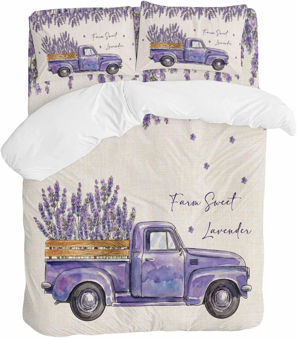 Purple Floral Duvet Cover Set Queen Size 4 Pieces Farm Sweet Lavender Truck Rustic Linen Texture Bedding Set with Zipper Closure, 1 Comforter Cover 92x106 Inches 1 Flat Sheet & 2 Pillow Cases