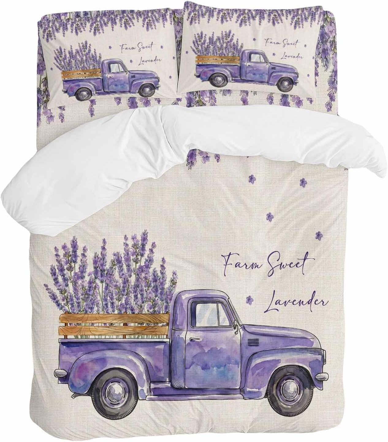 Purple Floral Duvet Cover Set Queen Size 4 Pieces Farm Sweet Lavender Truck Rustic Linen Texture Bedding Set with Zipper Closure, 1 Comforter Cover 92x106 Inches 1 Flat Sheet & 2 Pillow Cases