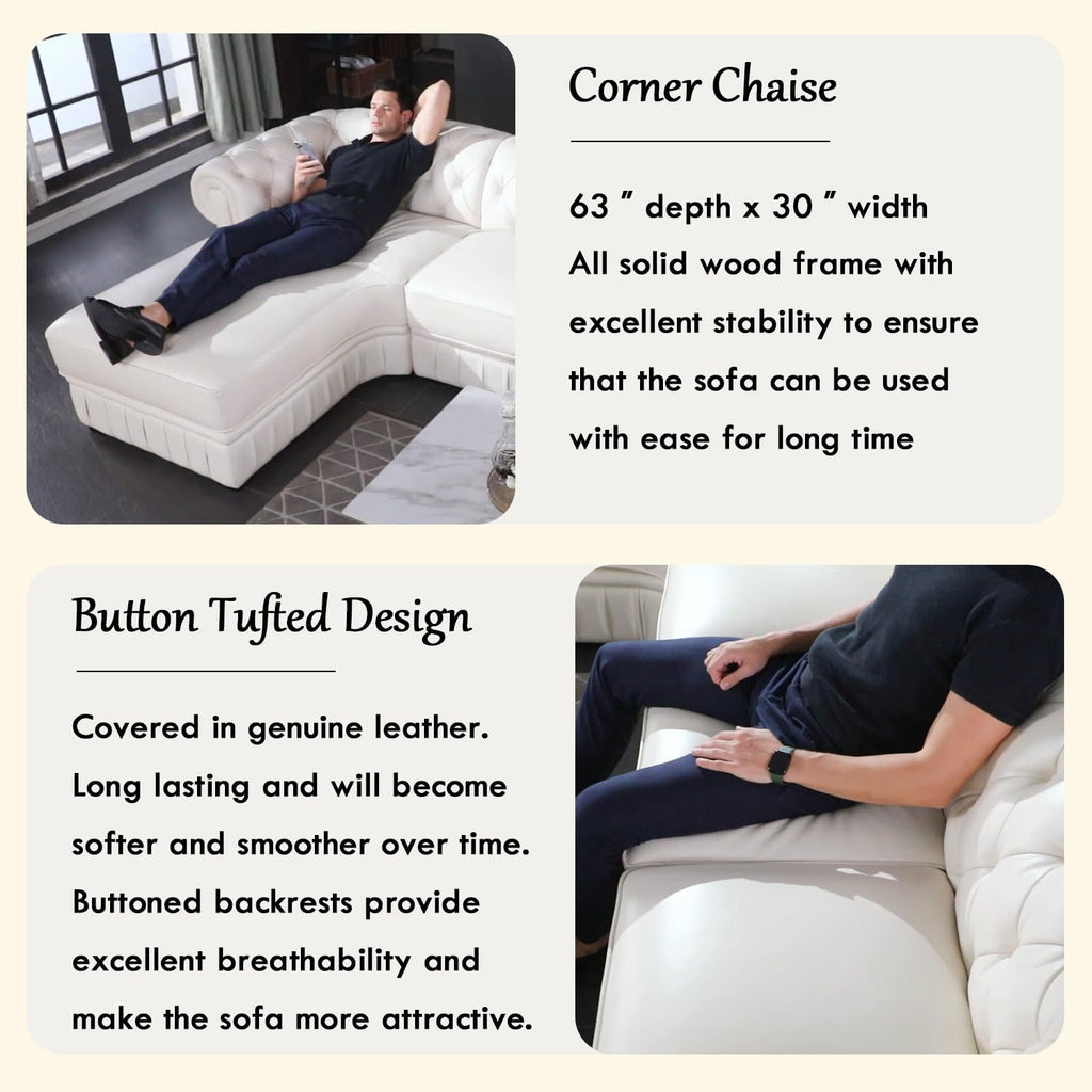 Genuine Leather Sectional Couch, L Shape Sofa with 5 Seaters for Living Room Furniture Set, Chesterfield Couches with Button Tufted Design for House/Lounge,Creamy