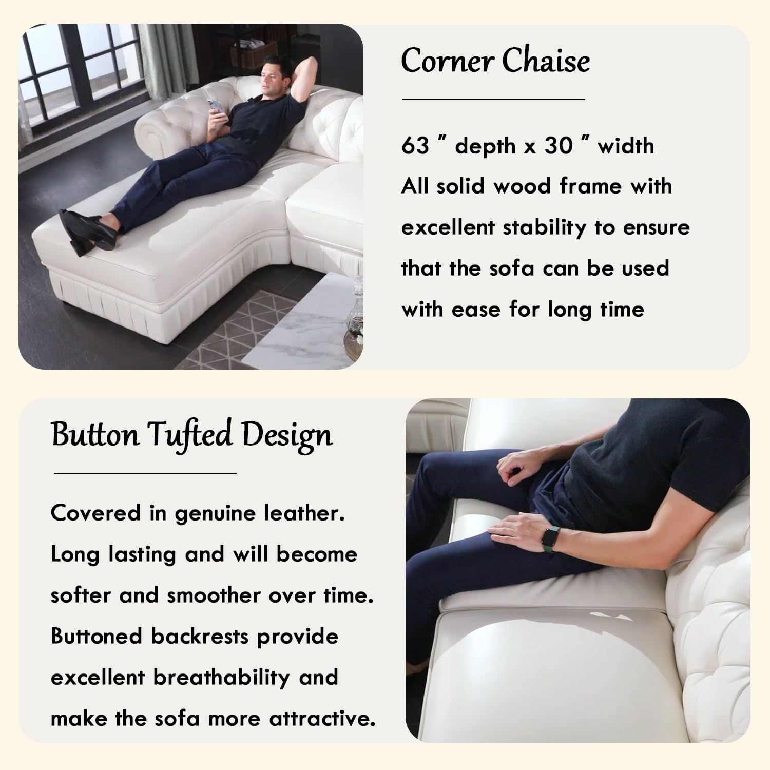 Genuine Leather Sectional Couch, L Shape Sofa with 5 Seaters for Living Room Furniture Set, Chesterfield Couches with Button Tufted Design for House/Lounge,Creamy