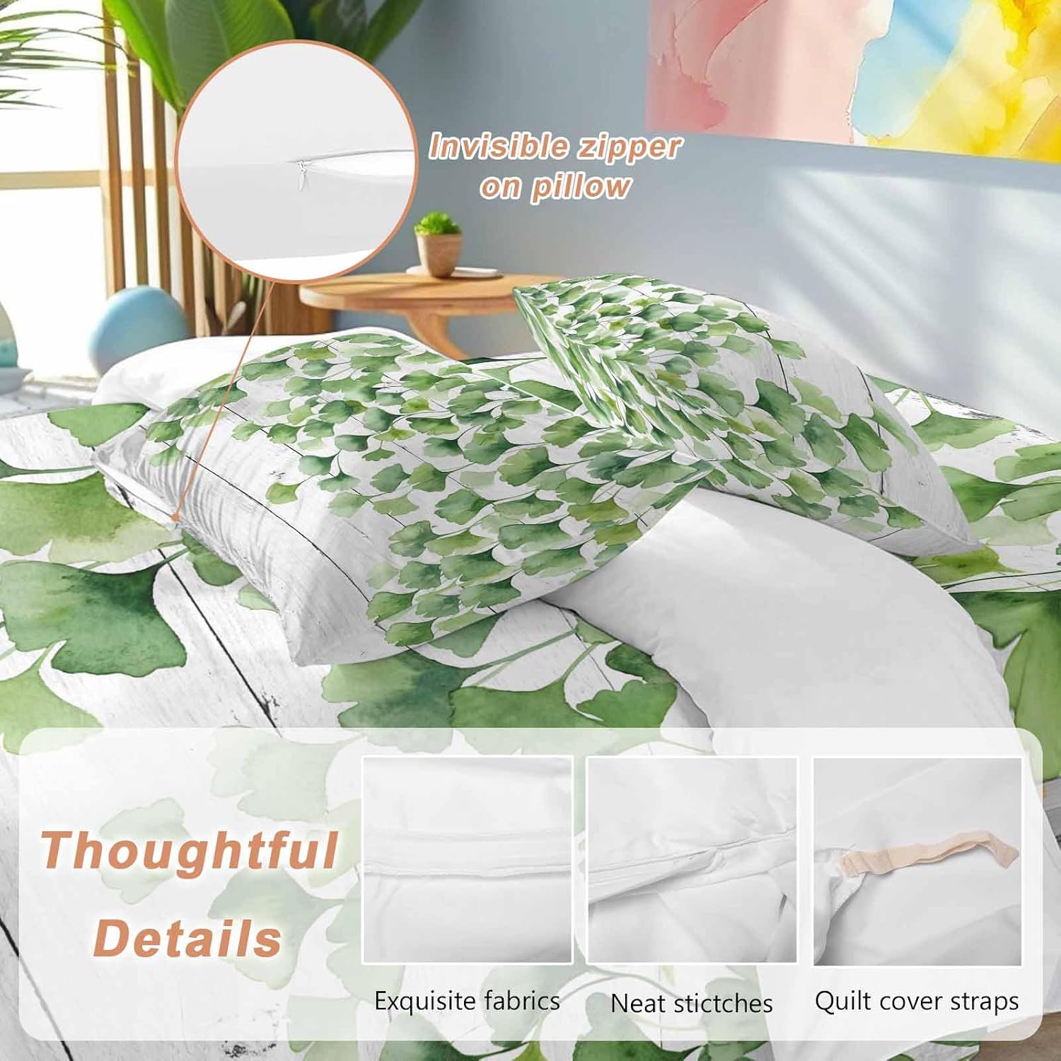 Summer Botanical Duvet Cover Set Queen Size 4 Pieces Watercolor Gradient Green Leaves White Wood Grain Bedding Set with Zipper Closure, 1 Comforter Cover 92x106 Inches 1 Flat Sheet & 2 Pillow Cases