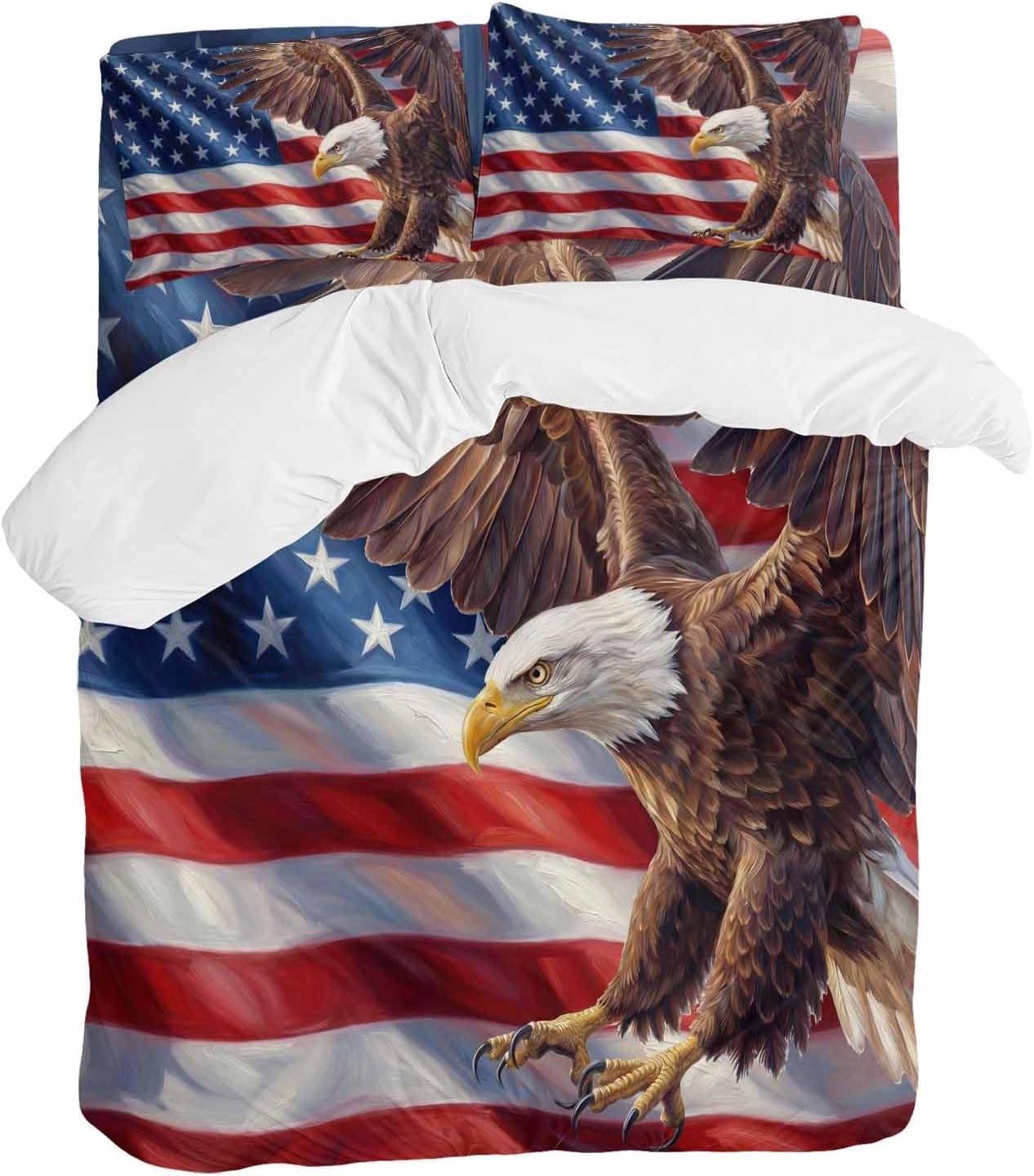 Independence Day Duvet Cover Set Queen Size 4 Pieces Watercolor U. S. Flag Soaring Bald Eagle Bedding Set with Zipper Closure, 1 Comforter Cover 92x106 Inches 1 Flat Sheet & 2 Pillow Cases