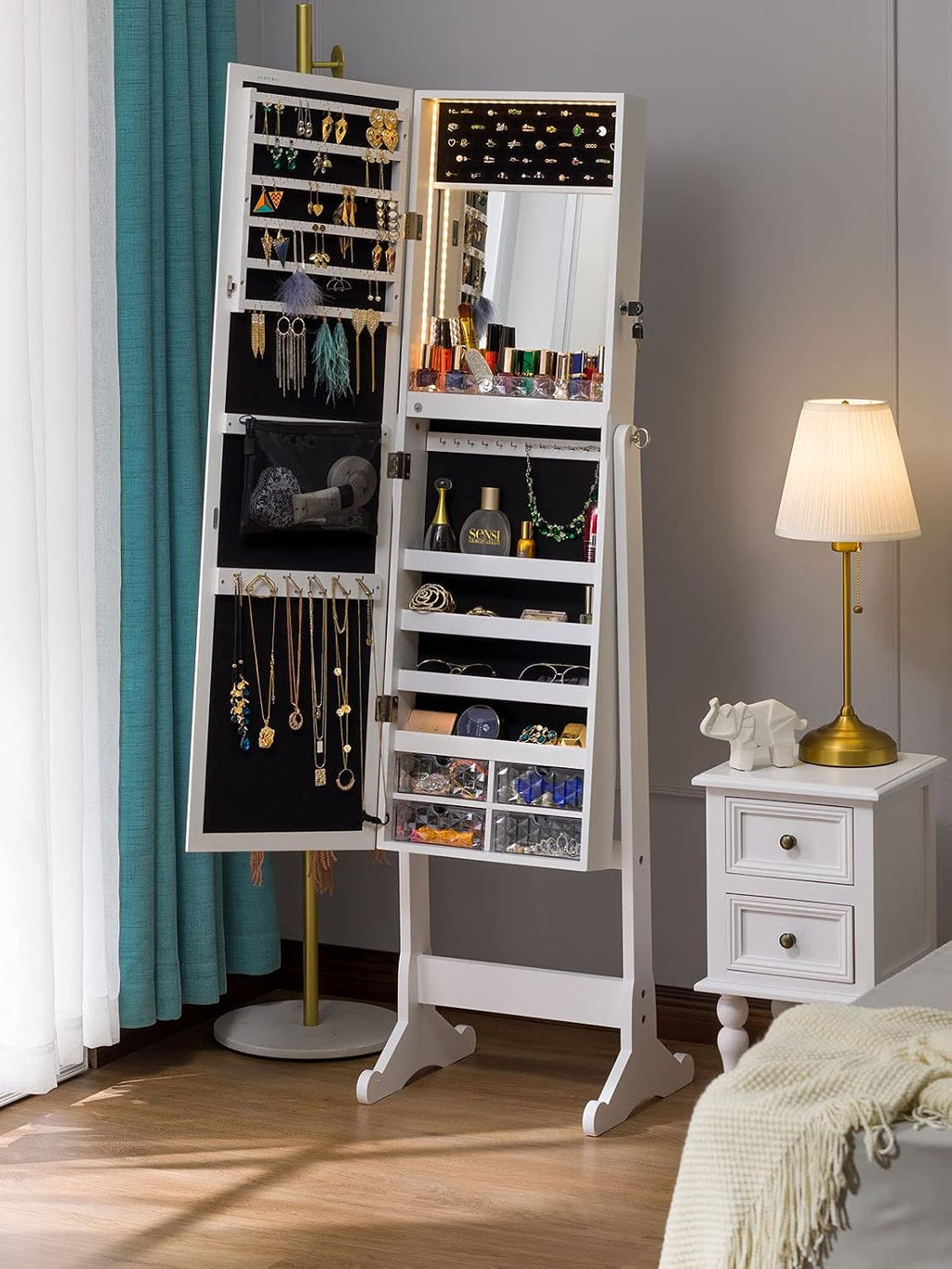 LUXFURNI LED Light Standing Jewelry Cabinet Armoire, Full Length Mirror with Storage, Lockable Large Storage Jewelry Organizer Mirror w/Drawers (White)