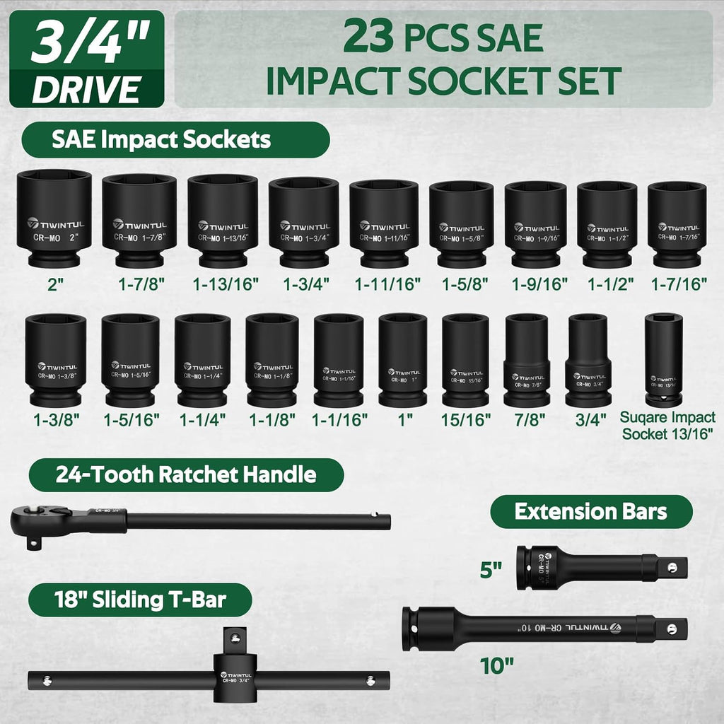 3/4' Drive Deep Impact Socket Set, 23 Pcs SAE Sizes 3/4' to 2' with 24T Ratchet, 18' Sliding T-Bar & Extension Bars, CR-MO Steel, Heavy Duty Impact Socket for Truck & Equipment Repair