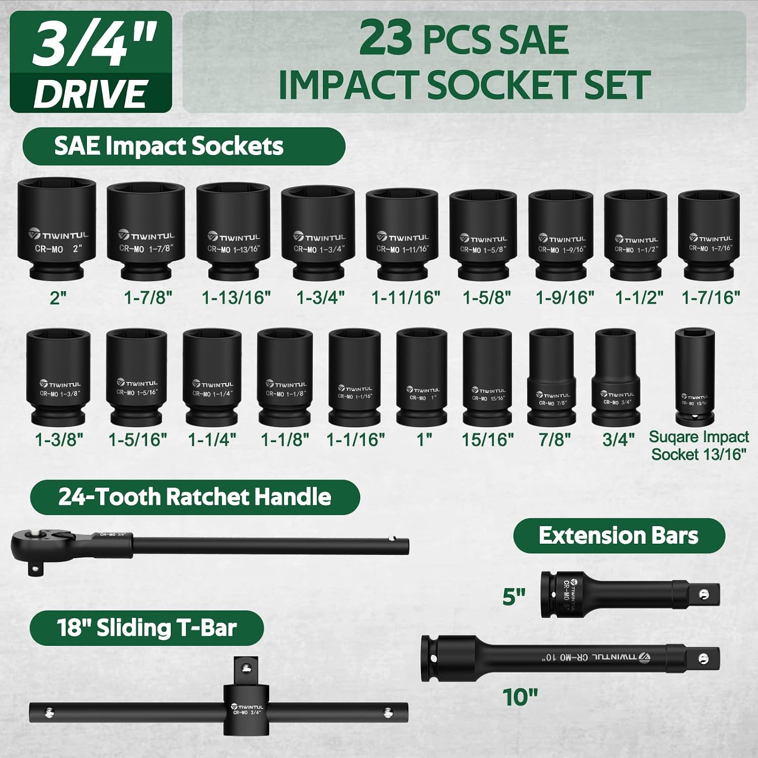 3/4' Drive Deep Impact Socket Set, 23 Pcs SAE Sizes 3/4' to 2' with 24T Ratchet, 18' Sliding T-Bar & Extension Bars, CR-MO Steel, Heavy Duty Impact Socket for Truck & Equipment Repair