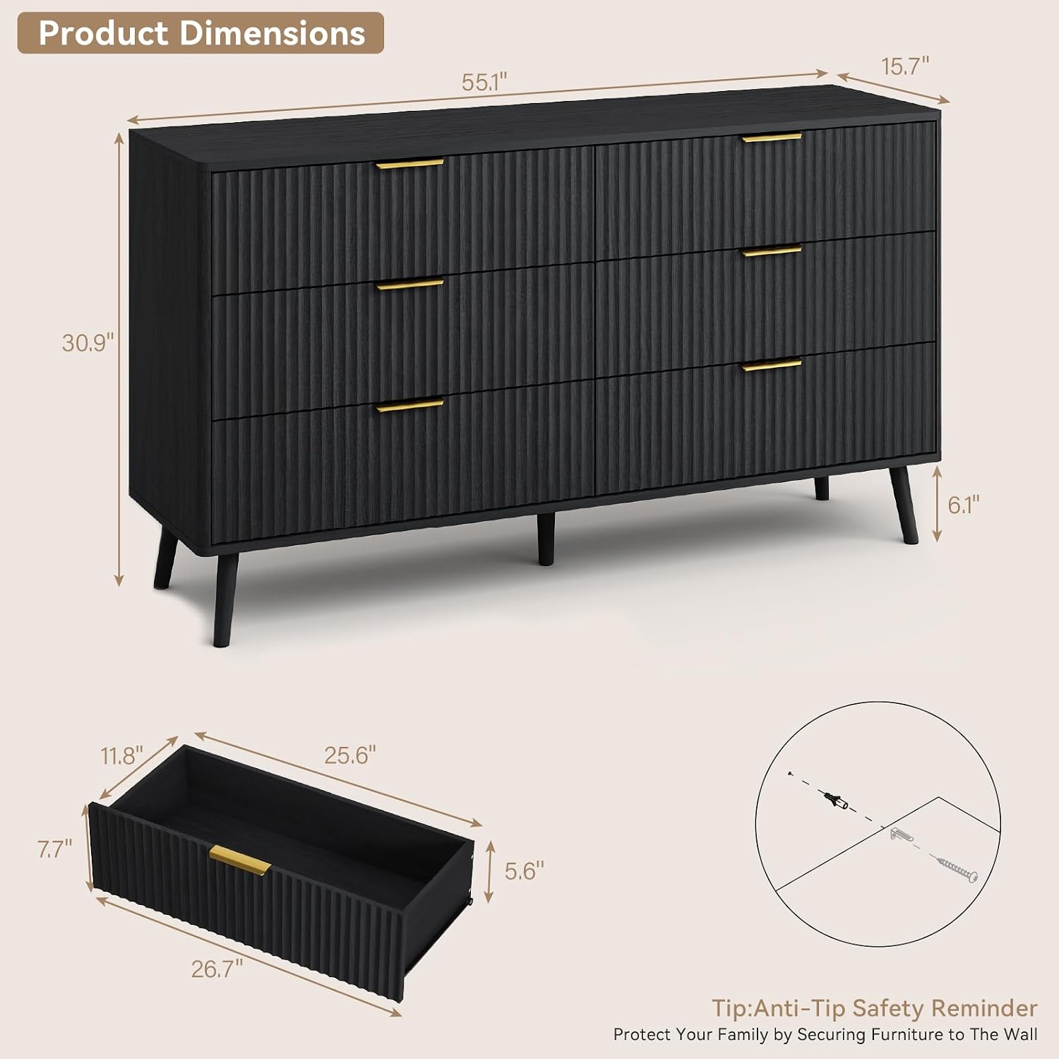CARPETNAL Fluted Dresser and Nightstand Sets for Bedroom, 3 Pcs Bedroom Set, 6-Drawer Dresser & 2-Drawer Nightstand Set of 2, Modern Wood Chest of Drawers for Living Room, Entryway, Black