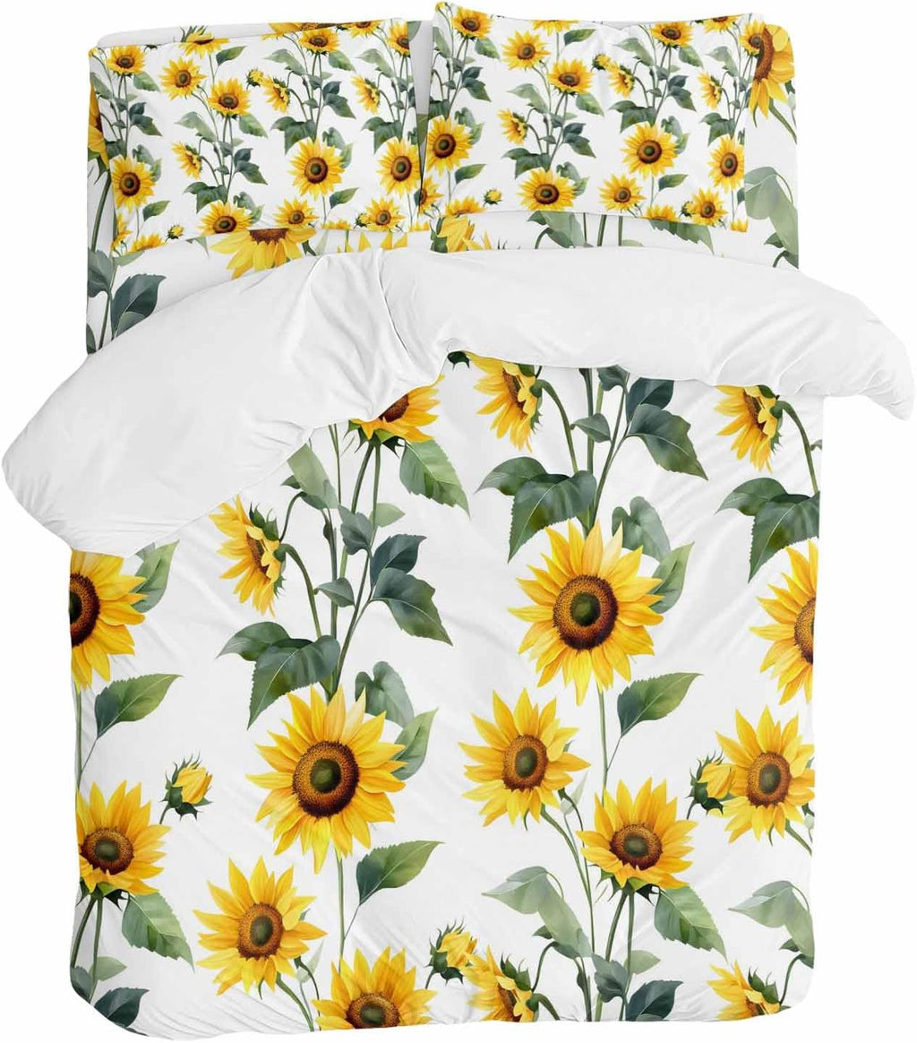 Prime Leader Summer Sunflowers Duvet Cover Set Queen Size 4 Pieces Watercolor Floral White Bedding Set with Zipper Closure, 1 Comforter Cover 92x106 Inches 1 Flat Sheet & 2 Pillow Cases
