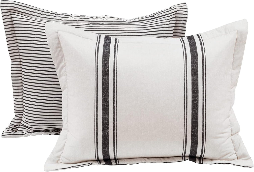 Lush Decor Farmhouse Stripe Reversible Cotton Comforter Set, 3 Piece Set, King, Black - Cozy Farmhouse Bedding Set - Rustic Decor - Striped Comforter - Modern Farmhouse Bedroom Decor