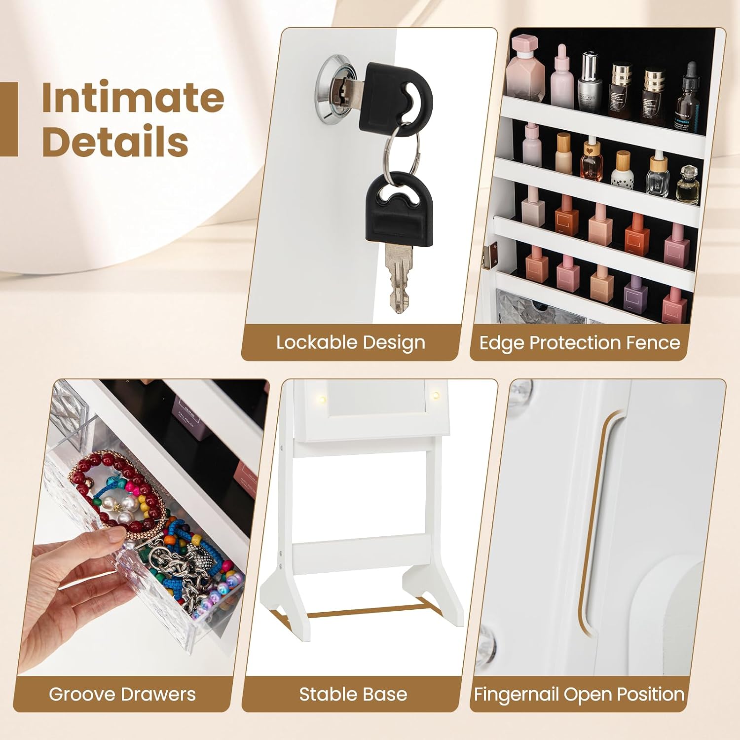 Giantex Standing Jewelry Armoire with Lighted Full Length Mirror, Lockable Jewelry Cabinet Organizer with 20 LED Lights, Adjustable Tilt, Large Storage for Earrings, Rings, Necklaces, White