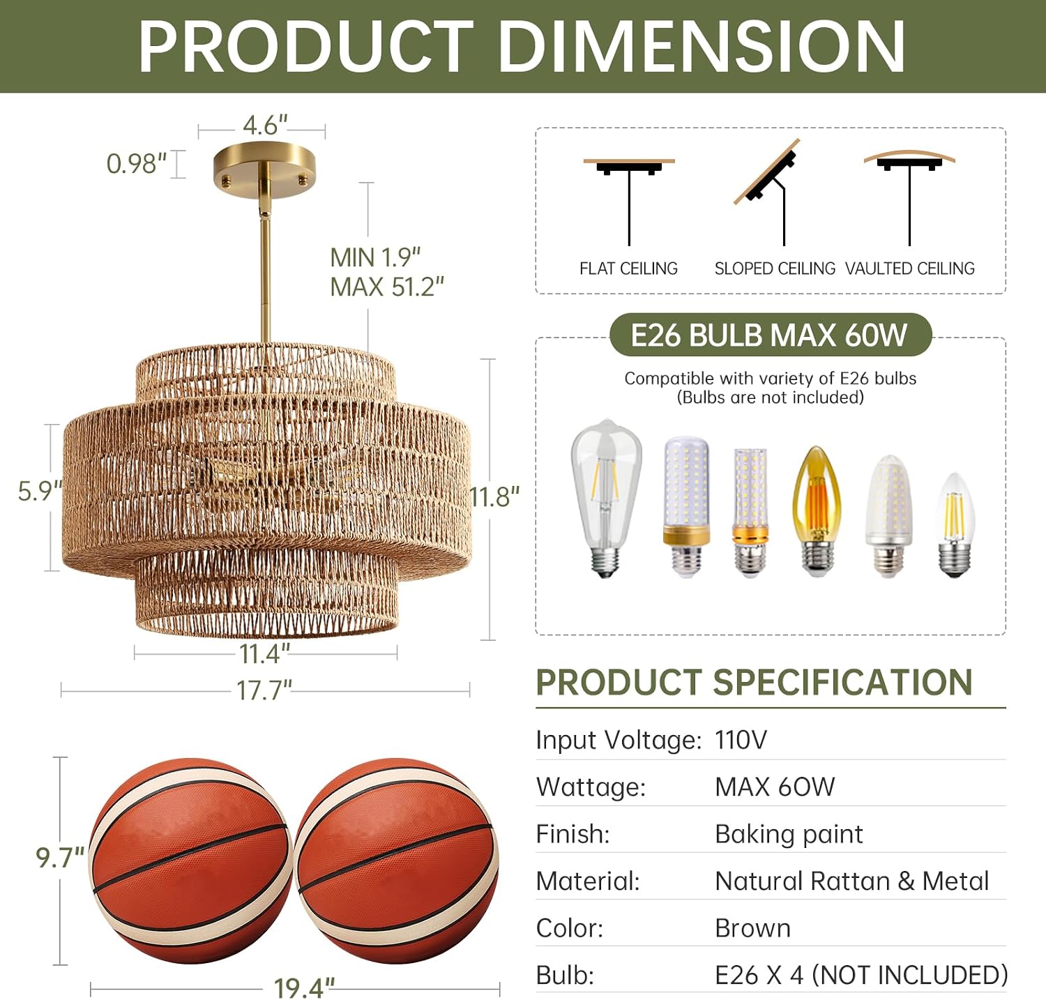 4-Light Boho Rattan Chandelier Light Fixture, 17.7' Hand Woven Rustic Chandeliers Farmhouse Chandelier Hanging Light for Dining Room Kitchen Island, Living Room, Foyer