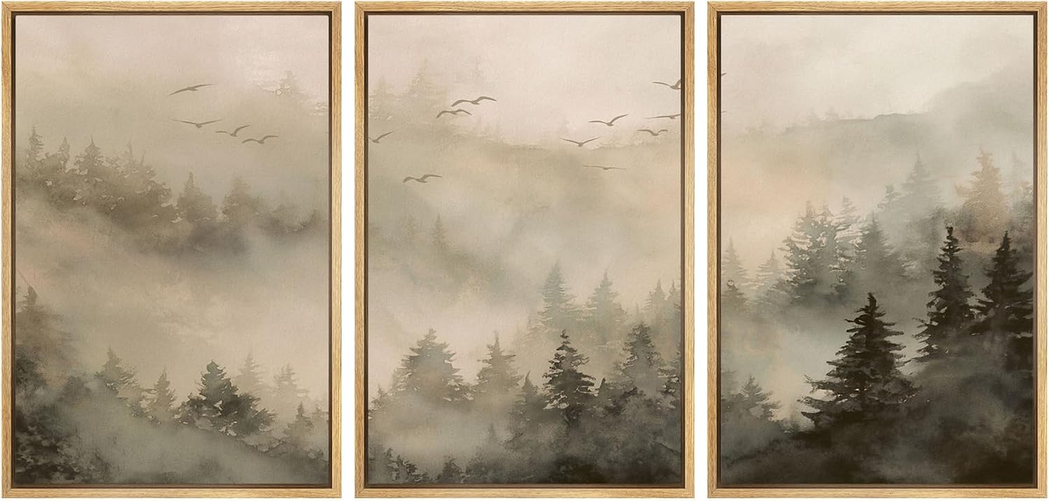 SIGNWIN Framed Canvas Print Wall Art Set Misty Pine Forest Landscape Neutral Woodland Illustrations Modern Scenic Colorful Ultra for Living Room, Bedroom, Office - 24'x36'x3 Natural