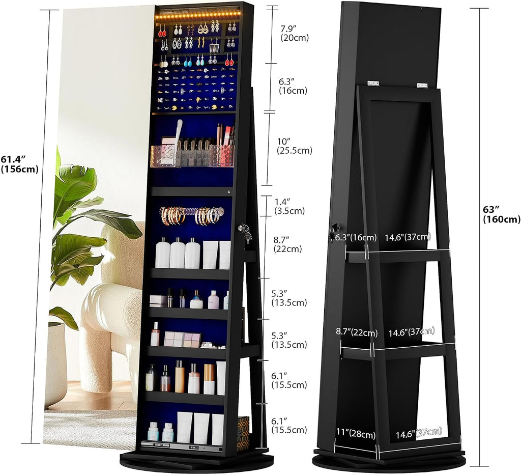 LVSOMT 360° Rotating Full Length Mirror Jewelry Cabinet with Sliding Door, LED Lighted Lockable Jewelry Armoire Organizer, Standing Up Mirror with Storage for Bedroom Dressing Room, Black