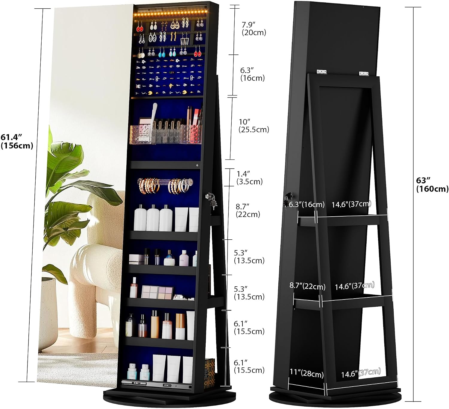 LVSOMT 360° Rotating Full Length Mirror Jewelry Cabinet with Sliding Door, LED Lighted Lockable Jewelry Armoire Organizer, Standing Up Mirror with Storage for Bedroom Dressing Room, Black