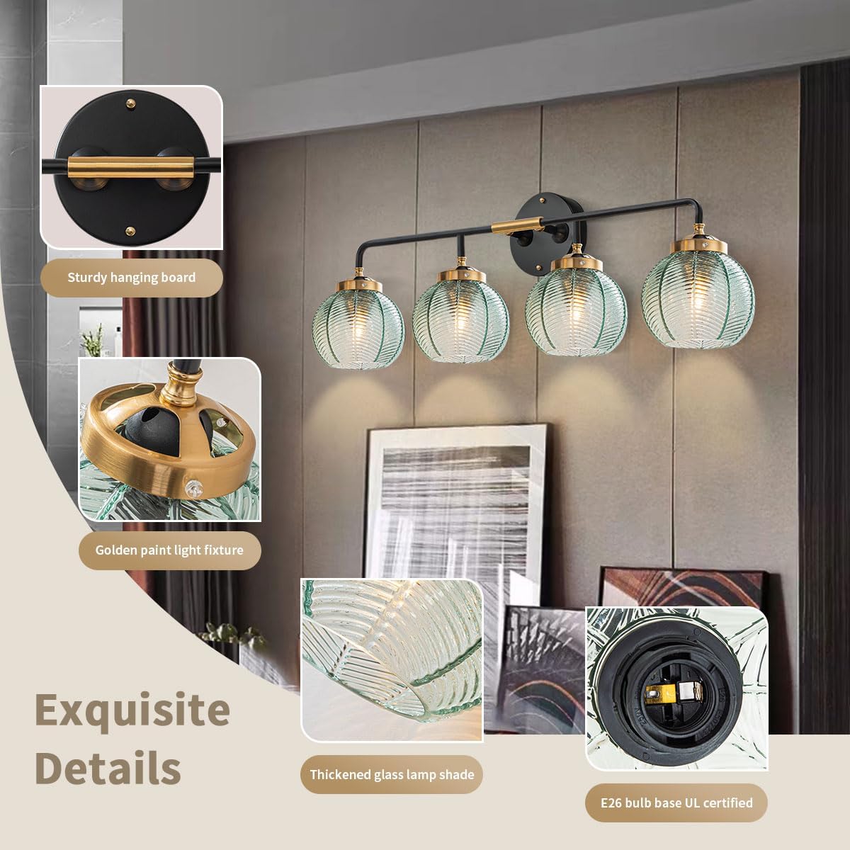 4-Lights Bathroom Light fixtures Glass Vanity Light Green Bathroom Sconce Mid Century Modern Wall Lamp,Black Gold Art Deco Vanity Light for Over Mirror Bedroom Hallway Dining Room