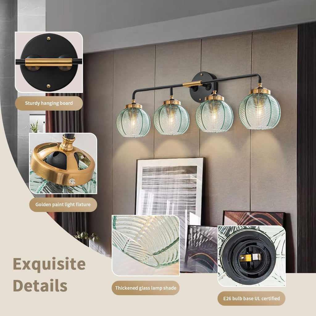 2-Pack Glass Wall 4-Lights Bathroom Vanity Light fixtures Green Glass Globe Shade Mid Century Modern Light Fixture Black Large Wall Sconce for Over Mirror Bath Living Room Cabinet