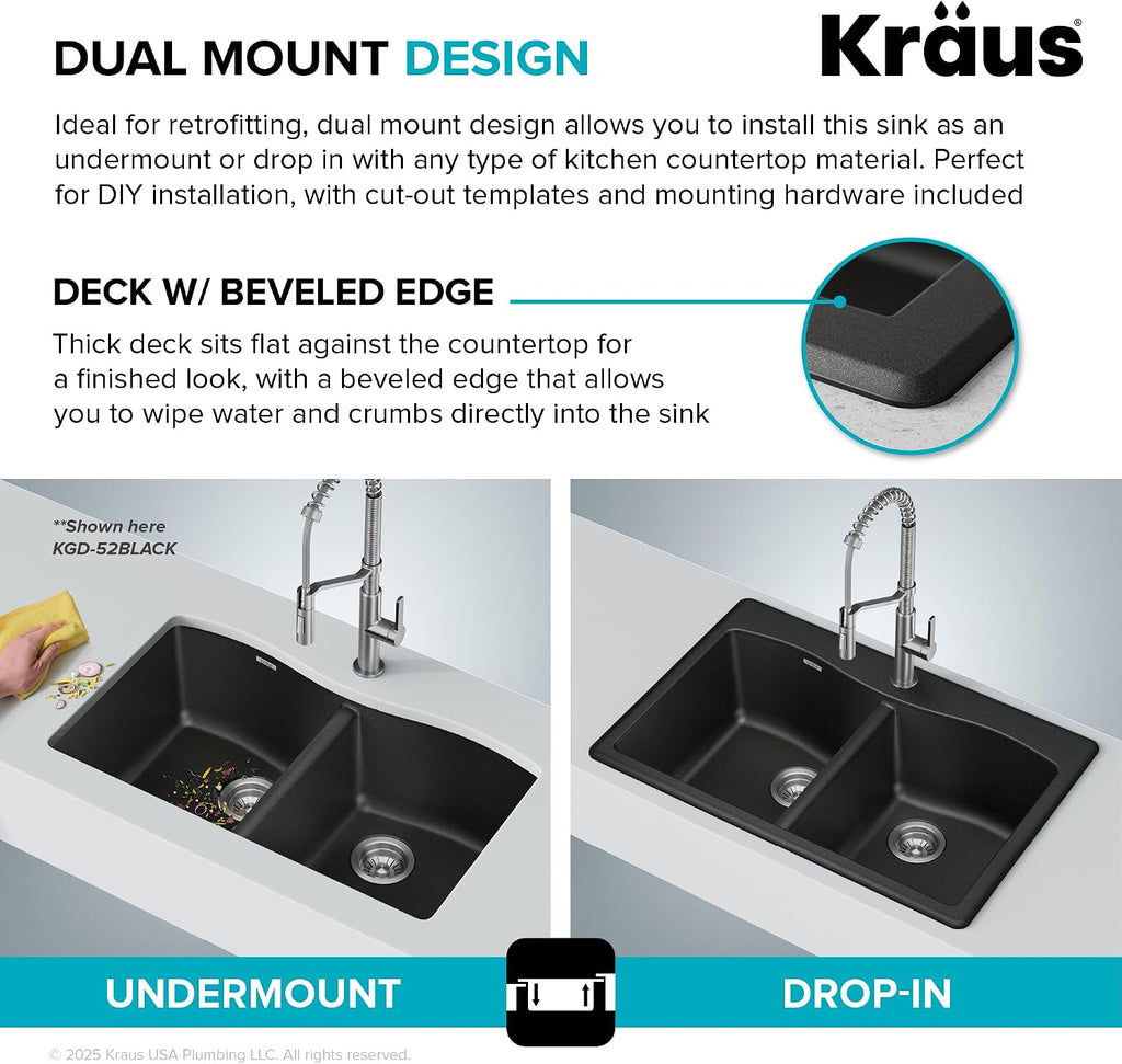 KRAUS Forteza 33-inch Granite Drop In/Undermount 50/50 Double Bowl White Kitchen Sink, KGD-52WHITE