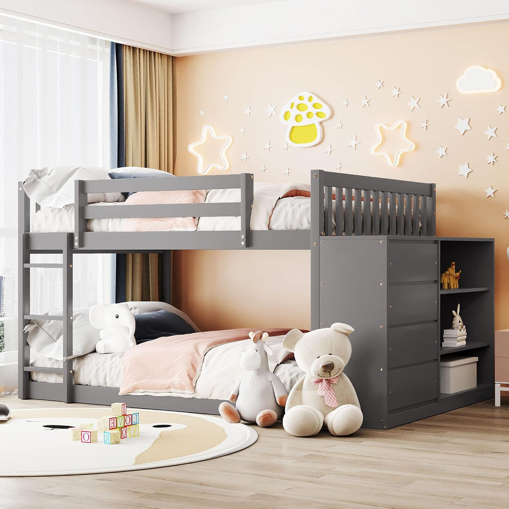 Full-Over-Full Size Bunk Bed, Bedroom Furniture Pine Wood Bed Frame with Storage Drawers and Open Shelves, Drawers and Shelves Set Can Be Moved, for Kids & Teens (Gray)