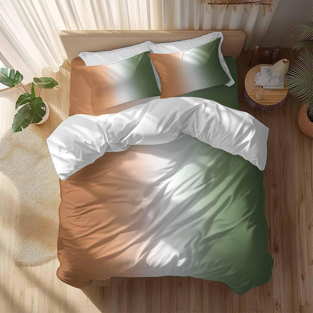 Gradient Sage Green Duvet Cover Set Queen Size 4 Pieces Modern Minimalist Sage Green Orange Ocean Beach Bedding Set with Zipper Closure, 1 Comforter Cover 86x86 Inches 1 Flat Sheet & 2 Pillow Cases