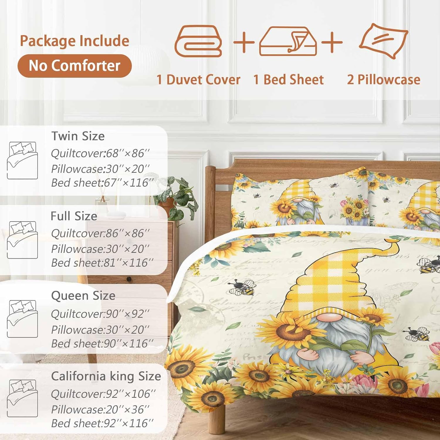 Sunflower Gnome Duvet Cover Set Queen Size 4 Pieces Bee Yellow Flower Leaf Spring Plant Farm Bedding Set with Zipper Closure, 1 Comforter Cover 92x106 Inches 1 Flat Sheet & 2 Pillow Cases