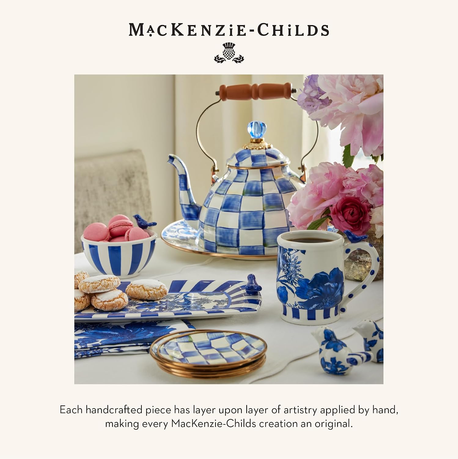 MACKENZIE-CHILDS Enamel Creamer and Sugar-Bowl Set, Cream Dispenser and Sugar Holder, Unique Kitchen Decor, Blue-and-White Royal Check
