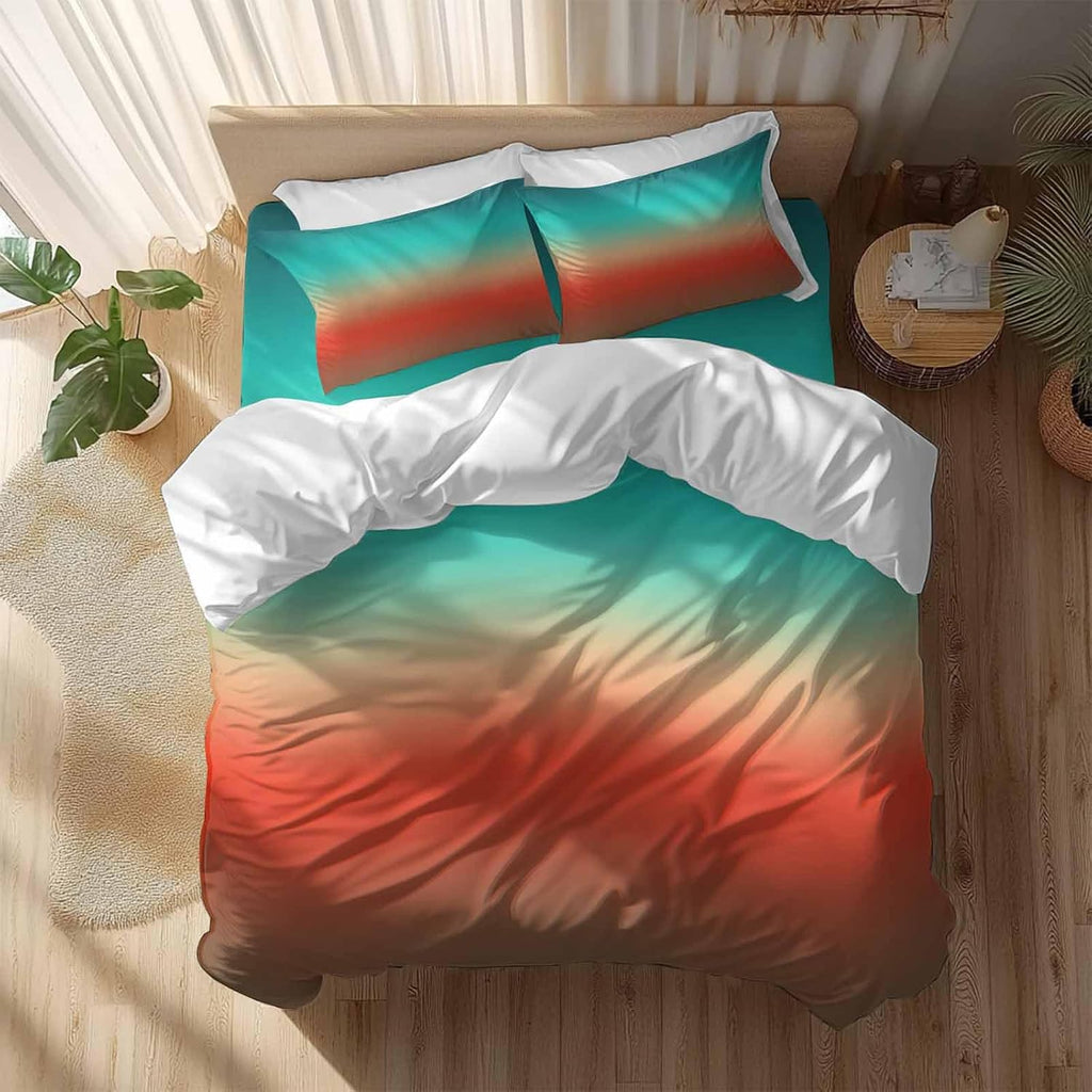 Bohemian Gradient Red Duvet Cover Set Queen Size 4 Pieces Modern Minimalist Green Brown Ocean Beach Bedding Set with Zipper Closure, 1 Comforter Cover 90x92 Inches 1 Flat Sheet & 2 Pillow Cases