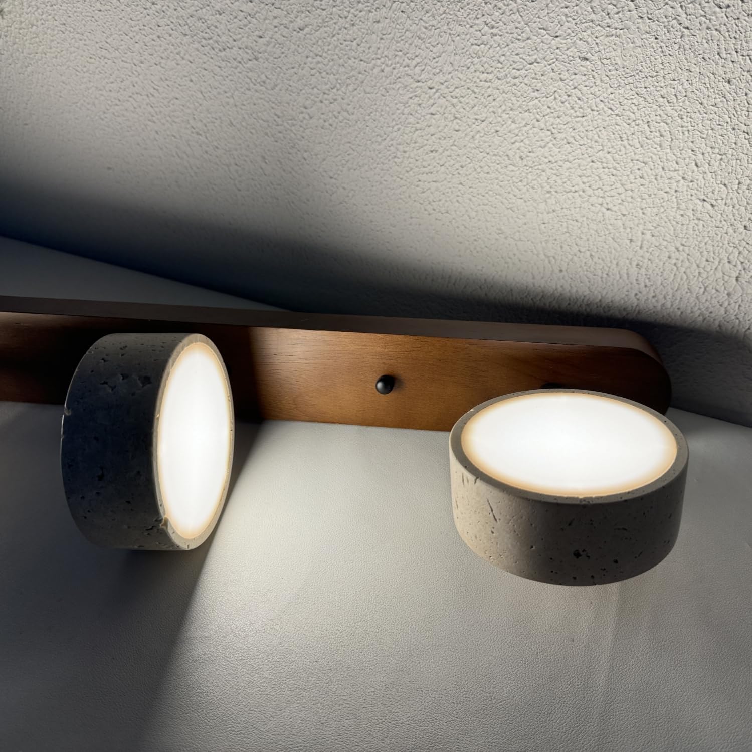 Dark Wood Farmhouse Bathroom Vanity Light Modern Stone Cylinder Wall Lamp 3 Lights Travertine Shade Linear Bathroom Wall Sconce Rotatable LED Wall Light Over Mirror - Walnut Color