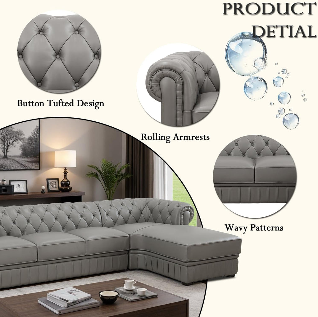 Genuine Leather Sectional Couch, L Shape Top Grain Leather Sofa with 5 Seaters for Living Room Furniture Set, Chesterfield Couches with Button Tufted Design for House/Lounge,Gray