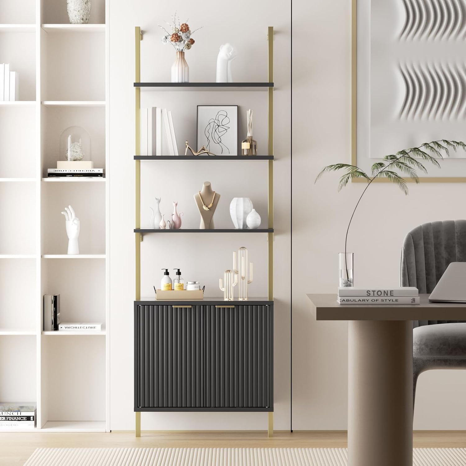 Halitaa Set of 2 Black & Gold Ladder Shelf with Storage Cabinet, Modern Ladder Bookshelf with Doors, Wall Mount Bookcase with Metal Frame, Display Shelves for Living/Bed/Bathroom, Home Office