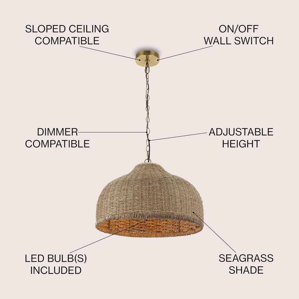 JONATHAN Y 20' Brown/Brass Gold 1-Light Rattan and Iron Dome Pendant Light, Adjustable Height Coastal Bohemian Hanging Lamp for Kitchen Island, LED Bulb Included JYL1133A