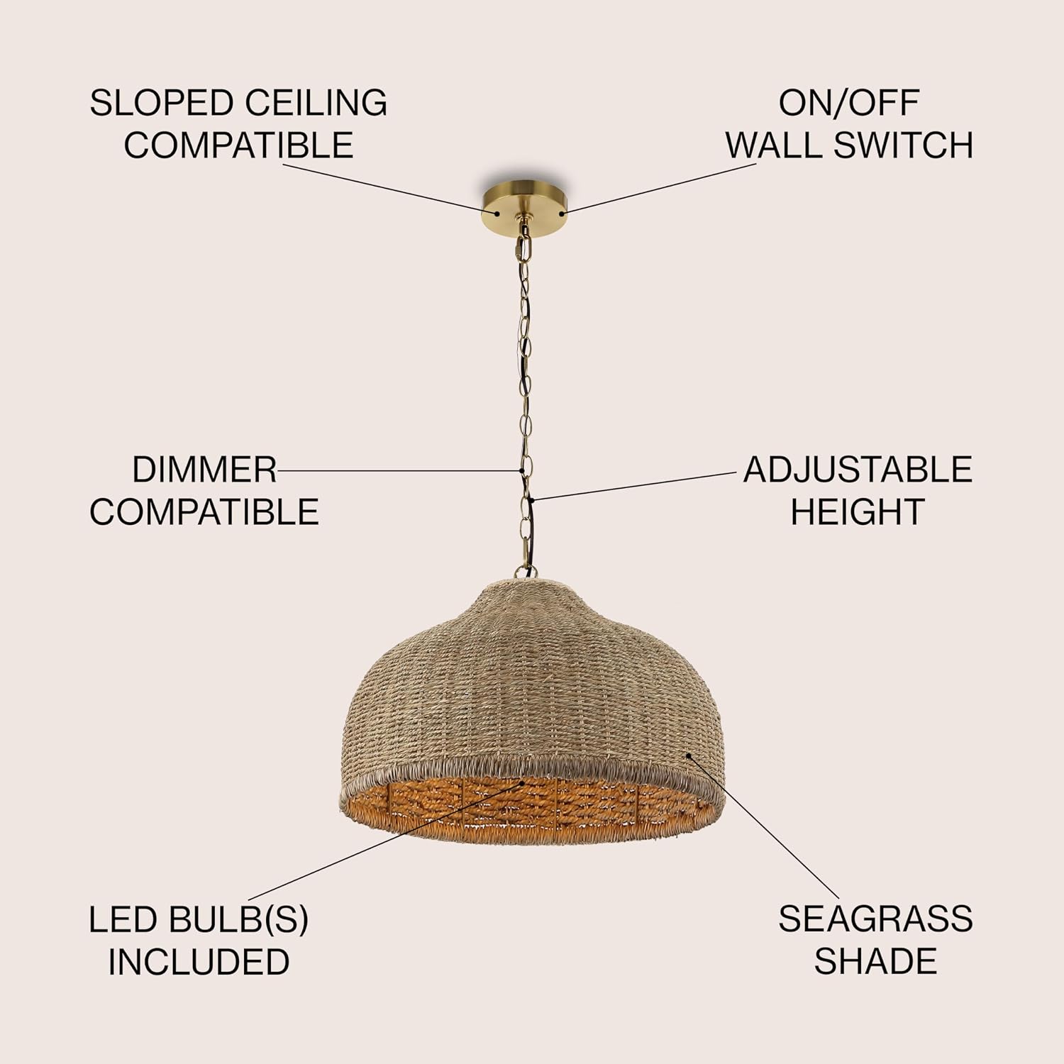 JONATHAN Y 20' Brown/Brass Gold 1-Light Rattan and Iron Dome Pendant Light, Adjustable Height Coastal Bohemian Hanging Lamp for Kitchen Island, LED Bulb Included JYL1133A
