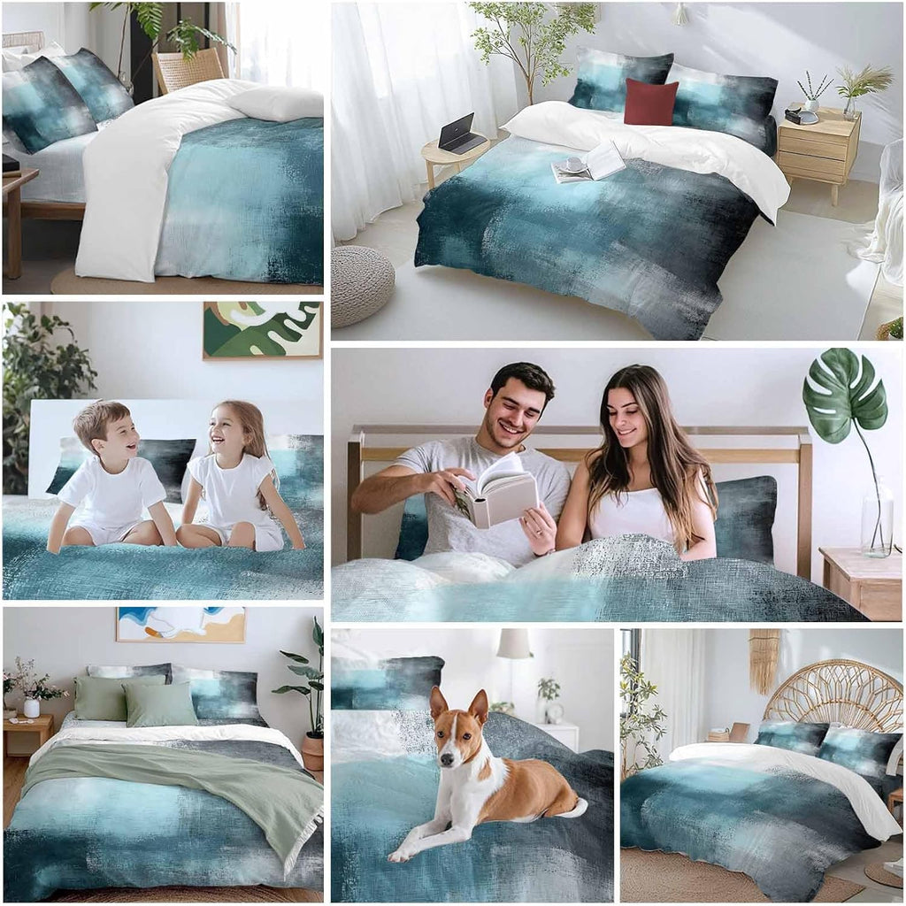 Prime Leader Teal Blue Color Block Duvet Cover Set Queen Size 4 Pieces Abstract Shabby Modern Art Bedding Set with Zipper Closure, 1 Comforter Cover 92x106 Inches 1 Flat Sheet & 2 Pillow Cases