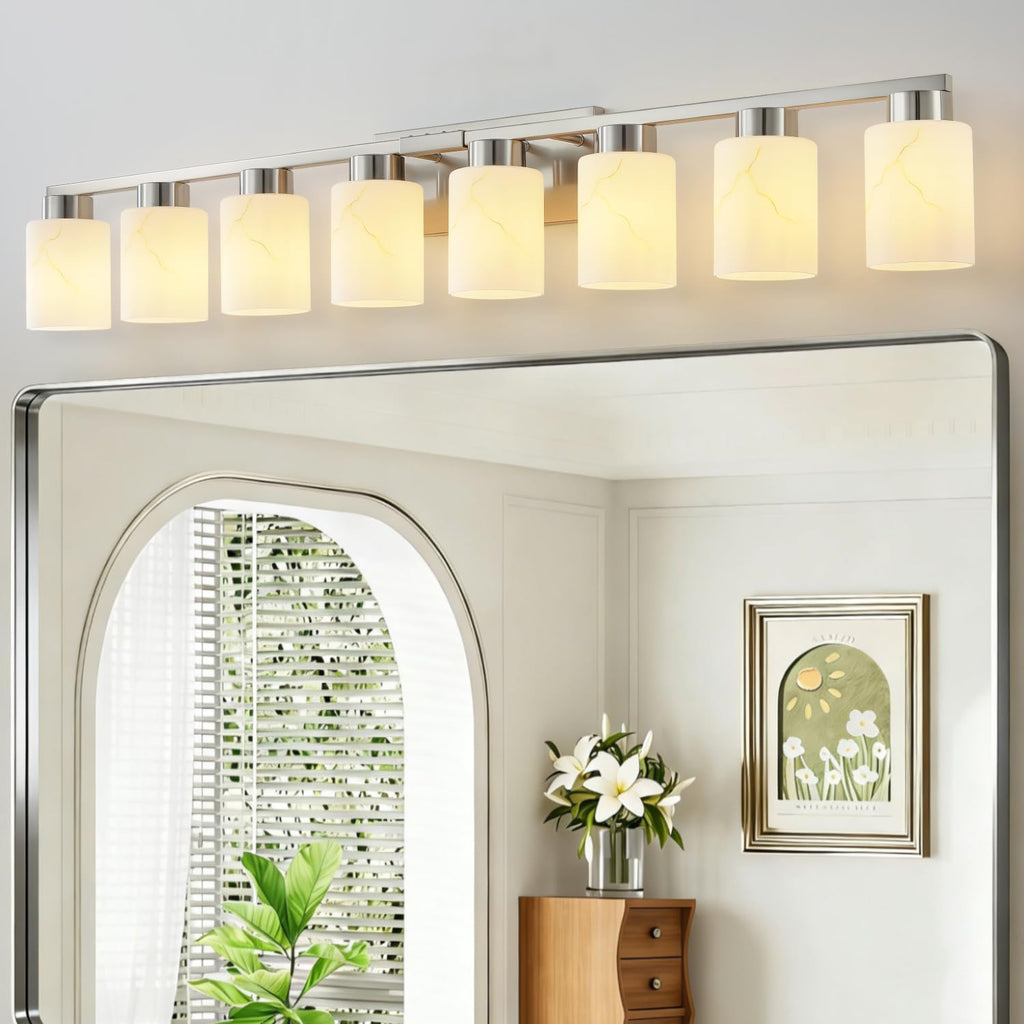 8-Light Bathroom Light Fixtures, Modern Vanity Lights, Brushed Nickel Metal Wall Lamp with White Marble Glass for Bathroom, Mirror, Living Room, Bedroom, Cabinet, Porch, Hallway, E26 Base