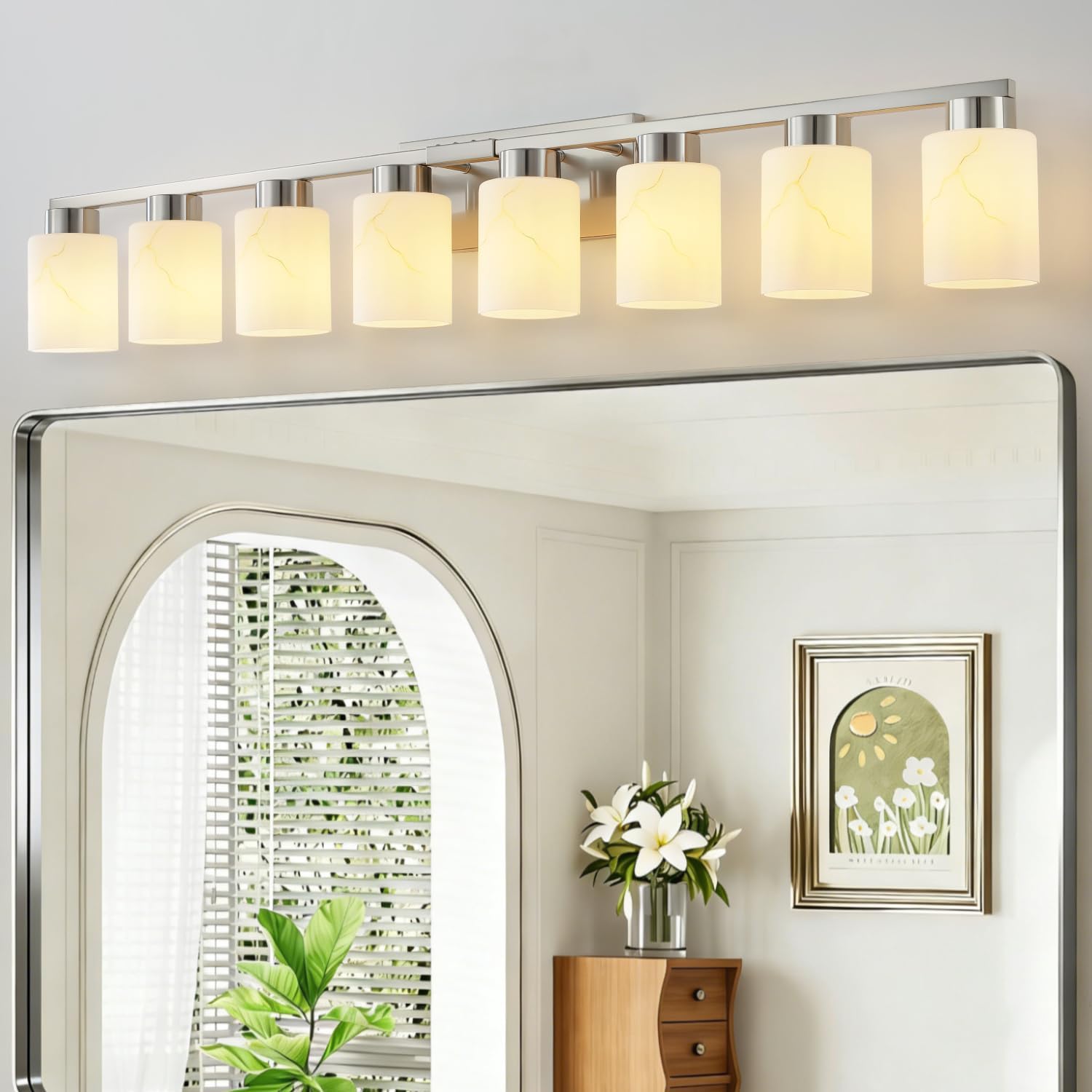 8-Light Bathroom Light Fixtures, Modern Vanity Lights, Brushed Nickel Metal Wall Lamp with White Marble Glass for Bathroom, Mirror, Living Room, Bedroom, Cabinet, Porch, Hallway, E26 Base