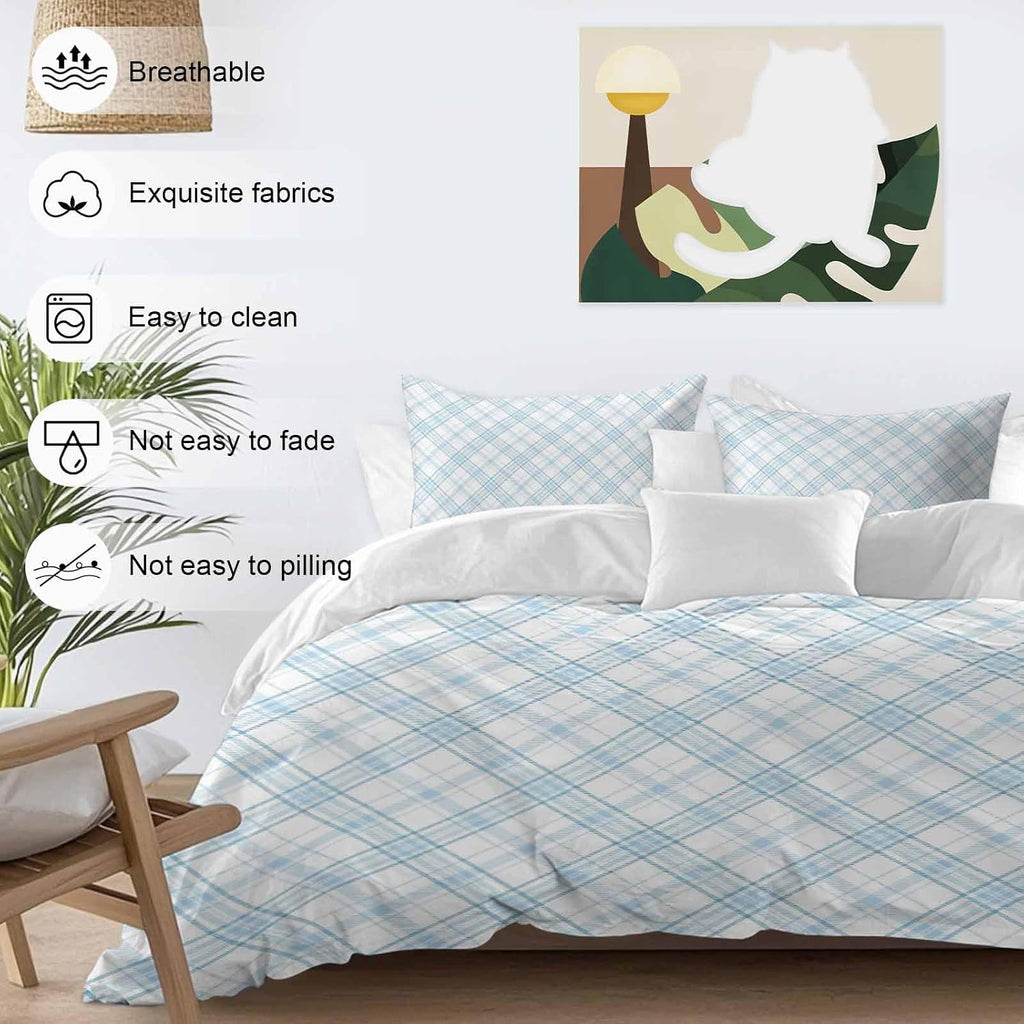 Light Blue White Checkered Duvet Cover Set Queen Size 4 Pieces Modern Minimalist Watercolor Country Farm Bedding Set with Zipper Closure, 1 Comforter Cover 86x86 Inches 1 Flat Sheet & 2 Pillow Cases